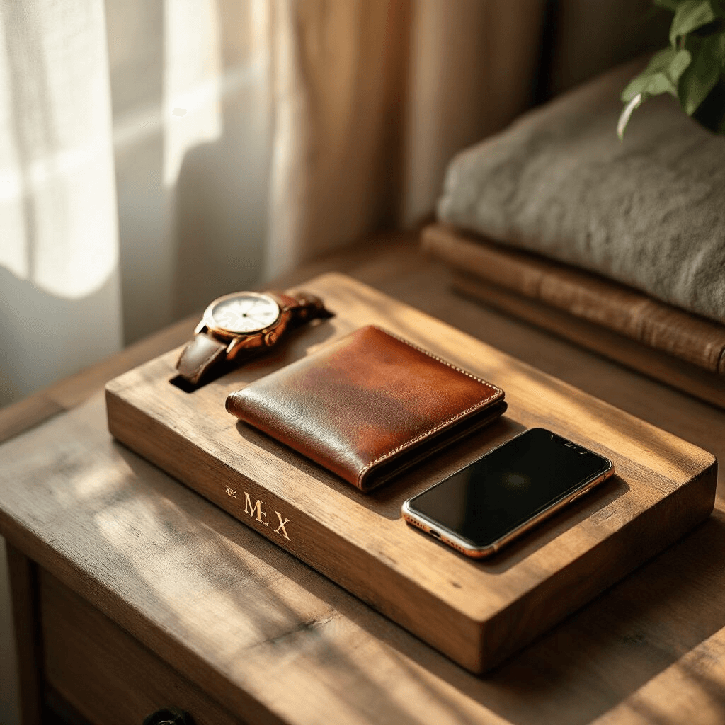 Cute Gift Ideas for Your Boyfriend That'll Actually Make Him Smile (Not Just Say "Thanks, Babe") A rustic wooden docking station on a minimalist nightstand, featuring a leather wallet, vintage watch, and smartphone, with personalized brass initials, surrounded by soft morning light and delicate shadows in a warm terracotta and sage color palette.