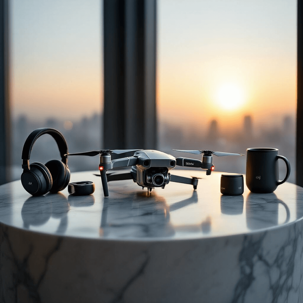 The Best Gifts for Boyfriends: A No-Nonsense Guide to Making Him Actually Happy Ultra-detailed photoshoot of a DJI Mavic 3 Pro drone on a minimalist marble surface, surrounded by premium tech accessories and soft ambient lighting, captured from a low angle during golden hour illumination.