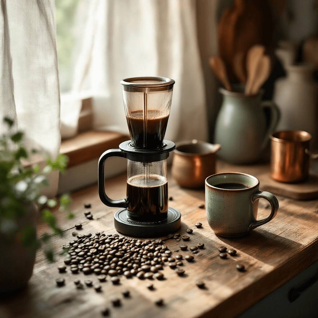 The Best Gifts for Boyfriends: A No-Nonsense Guide to Making Him Actually Happy An overhead view of a cozy rustic kitchen scene featuring an Aeropress espresso maker on a wooden counter, surrounded by scattered artisan coffee beans, a hand-crafted ceramic mug, and vintage copper measuring tools, all bathed in soft natural light and showcasing muted earthy tones.