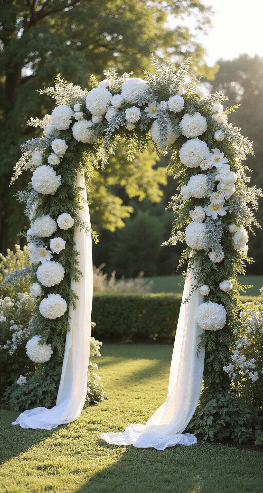 White Wedding Decor: How to Create an Elegantly Monochromatic Celebration That Doesn't Feel Sterile Intimate wedding arch made of lush white flowers and greenery in a sunlit garden, with draped fabric and sparkling details.