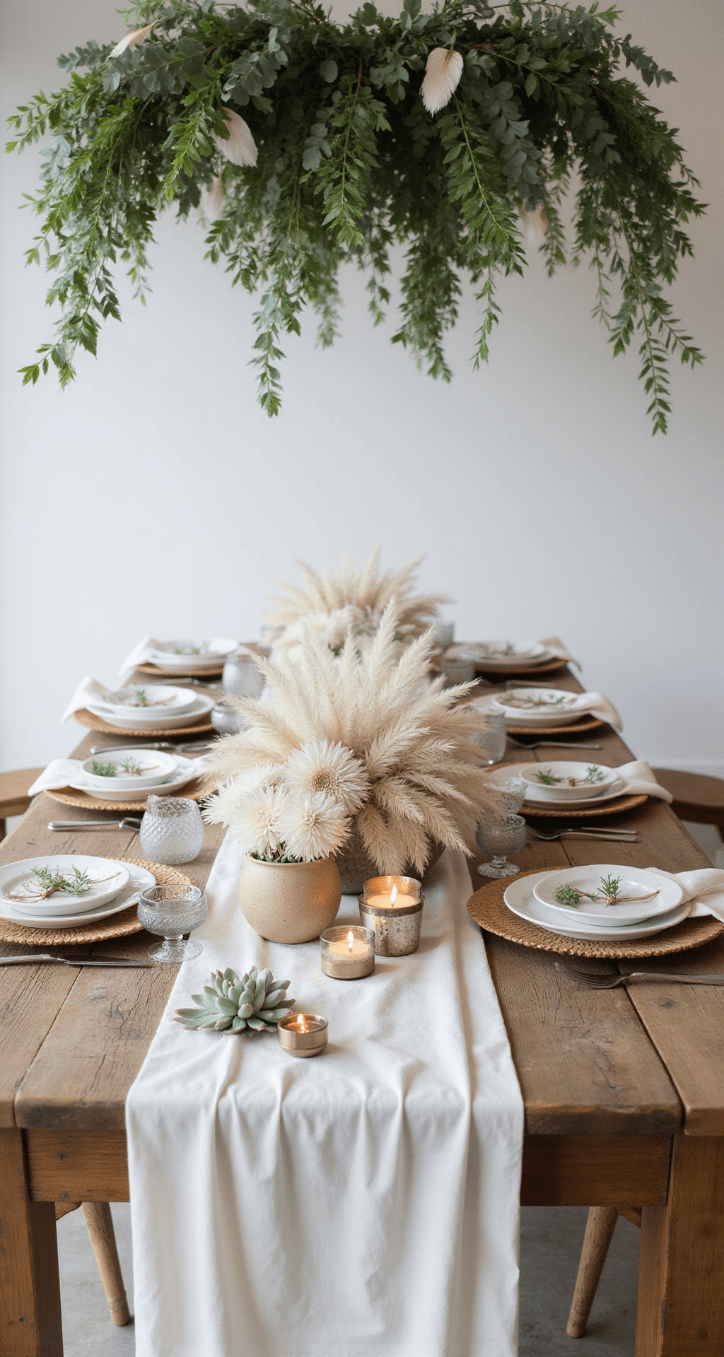 White Wedding Decor: How to Create an Elegantly Monochromatic Celebration That Doesn't Feel Sterile Boho-inspired wedding tablescape with a long wooden farm table draped in ivory linen, featuring pampas grass arrangements, bleached wooden elements, white ceramic plates, and geometric planters with succulents. Metallic votives provide candlelight, and an overhead greenery garland with eucalyptus and feathers decorates the scene, all under soft, diffused natural light.