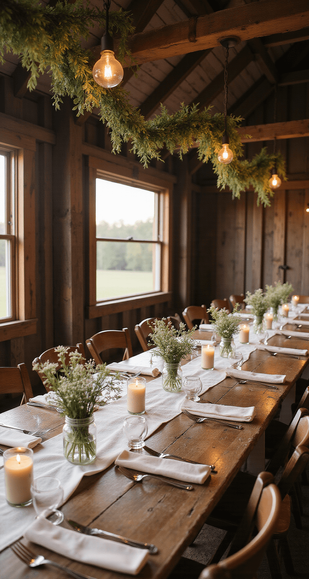 Planning Wedding Decorations That Actually Wow Your Guests A cozy rustic farmhouse wedding reception featuring long wooden tables with ivory linen runners, mason jars of wildflowers and taper candles, bathed in soft golden hour sunlight filtering through barn windows, highlighting exposed wooden beams and greenery garlands above.