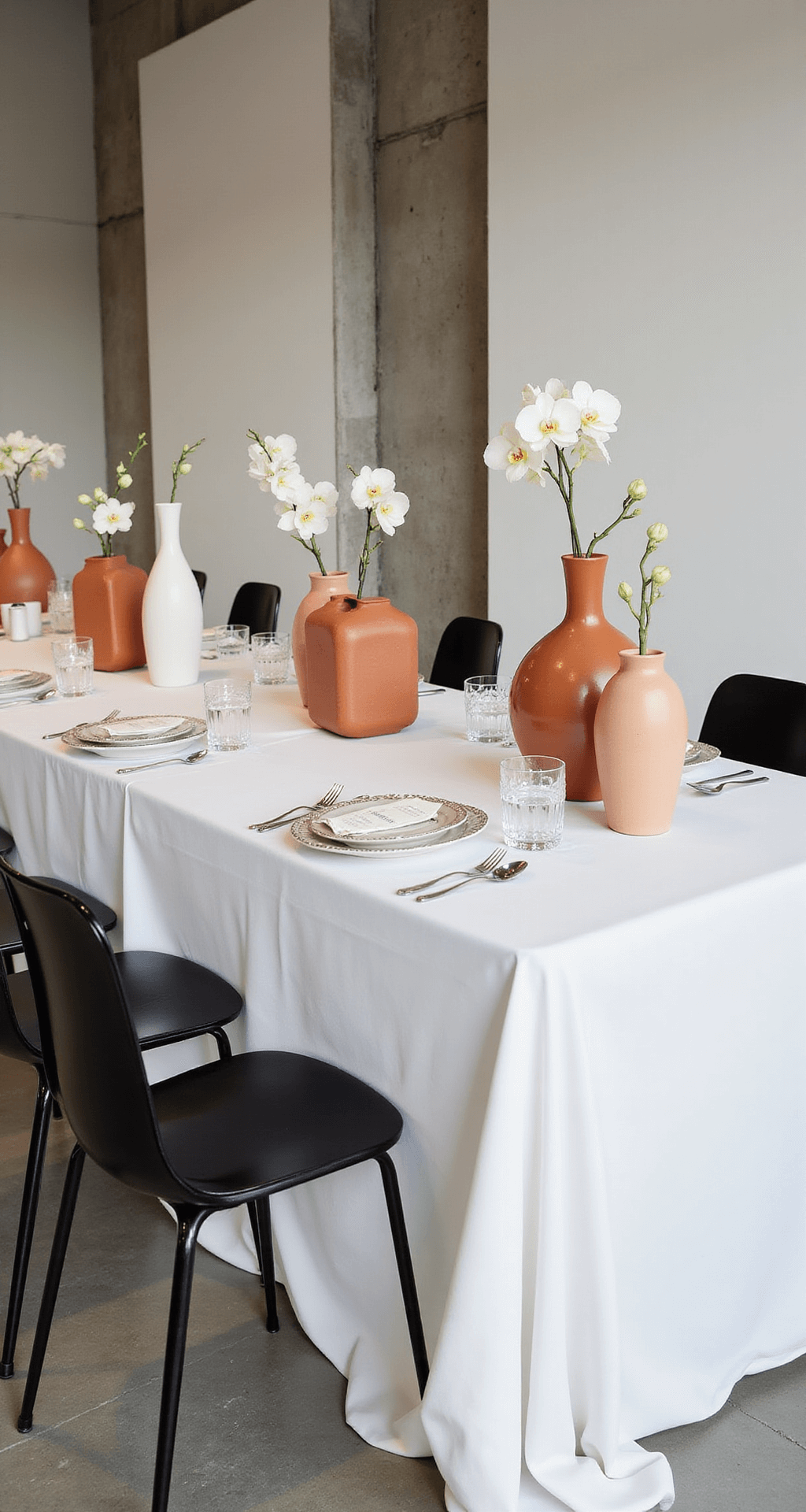 Planning Wedding Decorations That Actually Wow Your Guests Modern minimalist wedding reception with geometric terracotta and white centerpieces, sculptural ceramic vases holding single stem orchids, textured white linens, black metal chairs, and dramatic lighting casting shadows against concrete and white walls.
