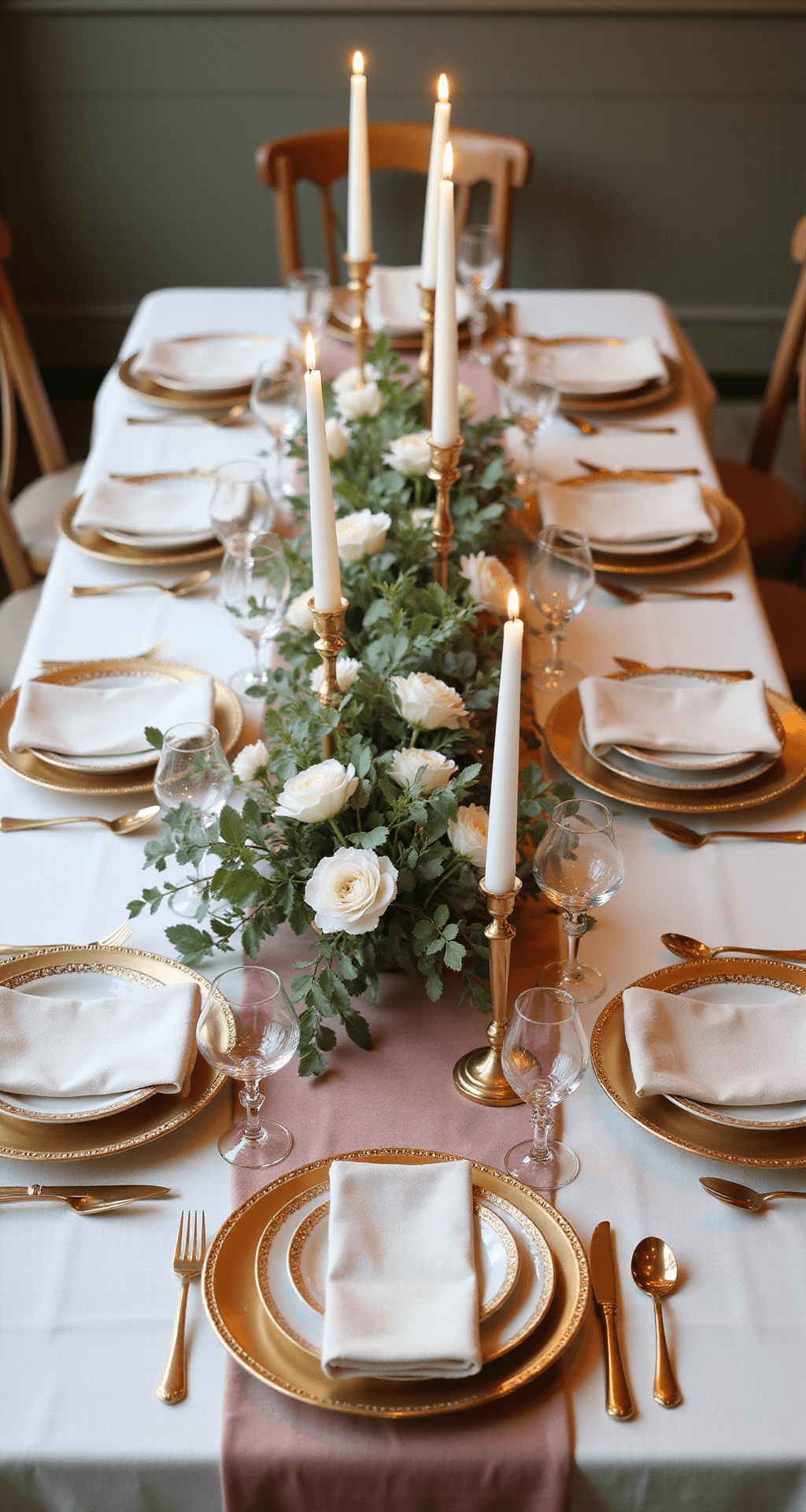 How to Create Classy Wedding Decor That Screams Sophistication Without Screaming for Help A sophisticated reception table setup featuring a blush velvet table runner over ivory silk linens, tall crystal taper candles in gold candlesticks, low white ranunculus and eucalyptus arrangements, gold-rimmed charger plates, crisp white porcelain, and delicate glassware, all bathed in soft amber uplighting.
