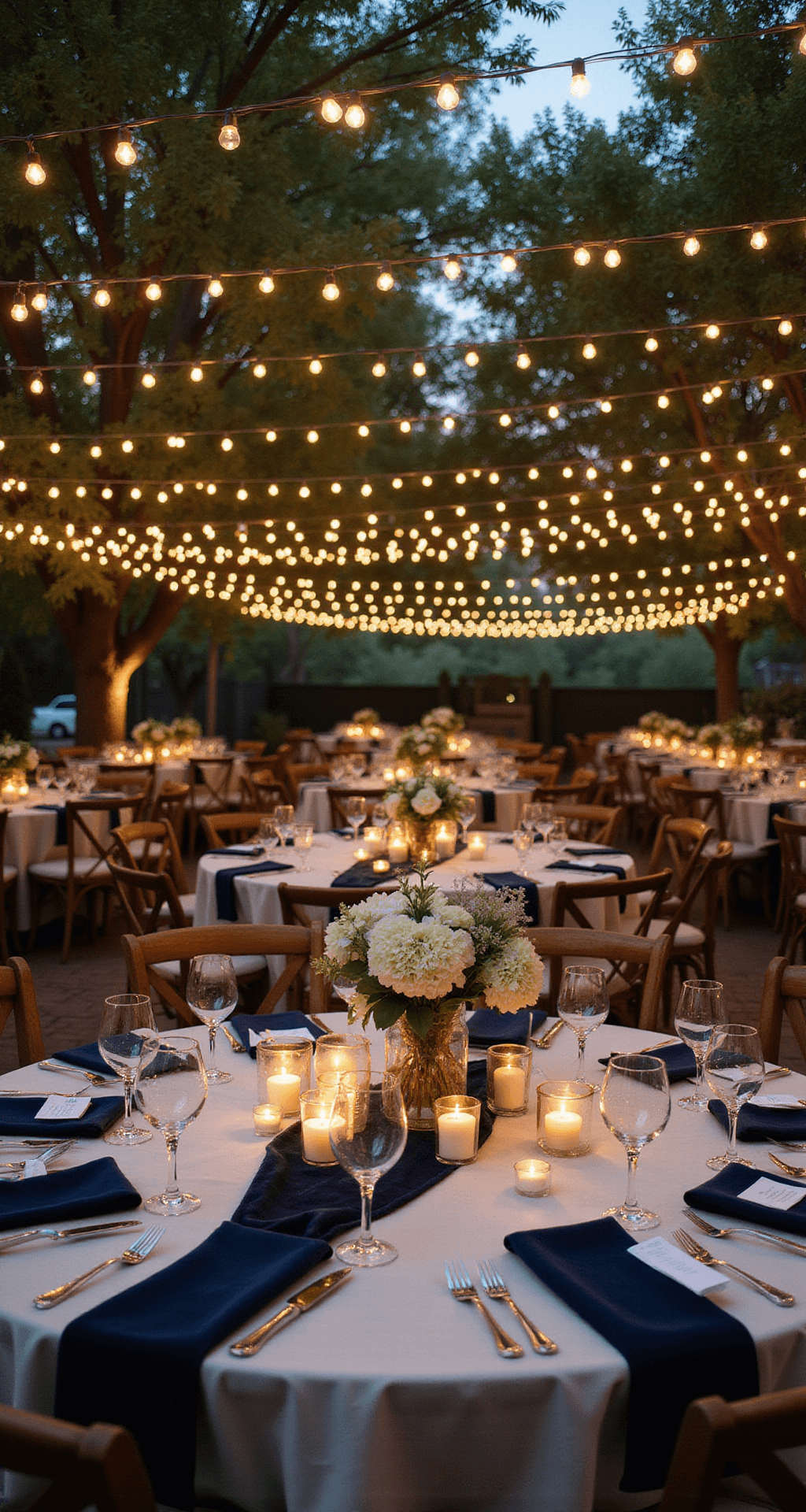 How to Create Classy Wedding Decor That Screams Sophistication Without Screaming for Help An intimate outdoor reception at golden hour, featuring bistro string lights above round tables dressed in ivory linens and navy velvet runners, adorned with low white flower centerpieces and glowing candlelight in glass hurricanes, capturing a warm and inviting atmosphere.