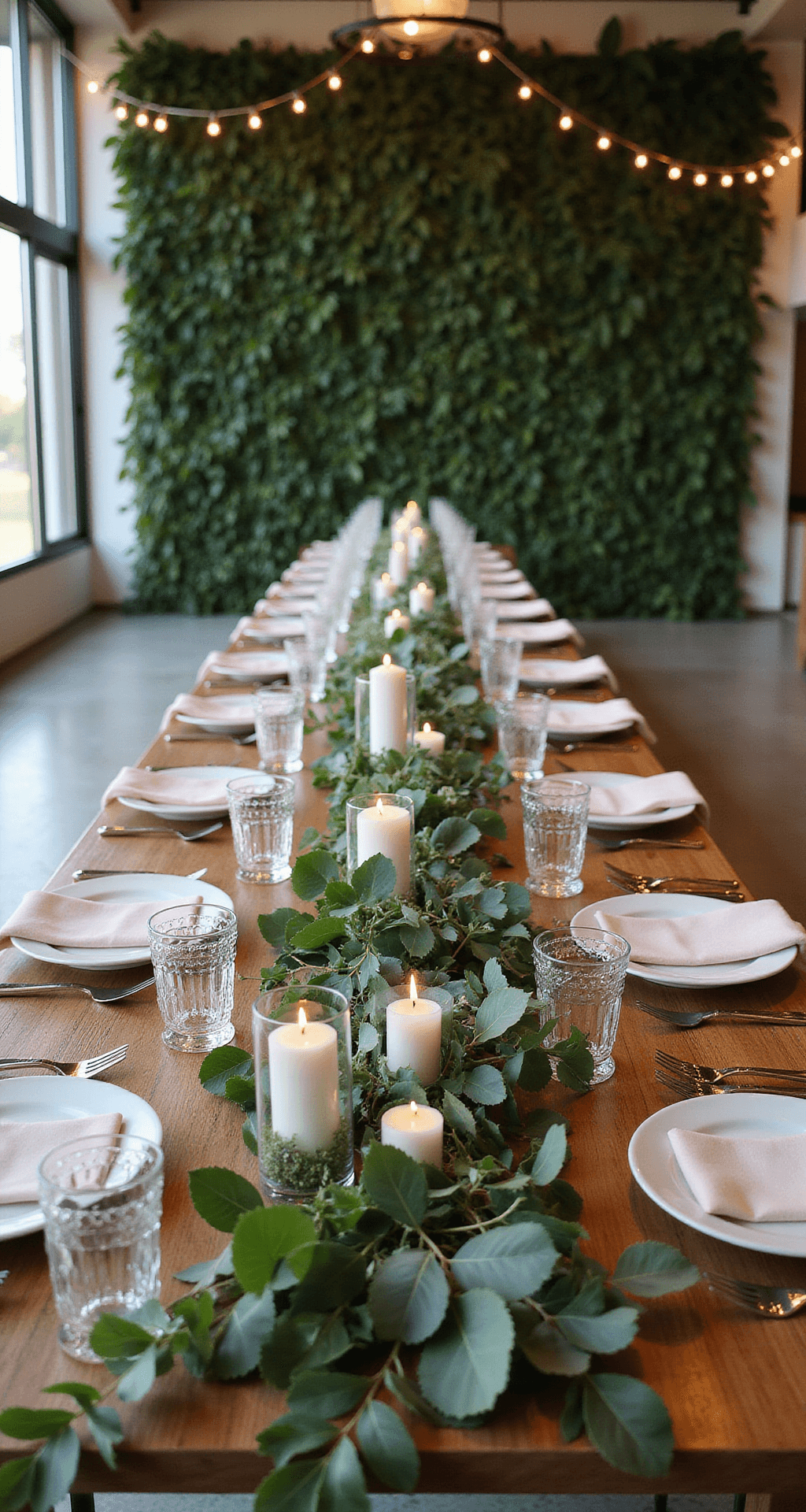 Leaf Decor Wedding Ideas: Creating Natural Beauty Without Breaking the Bank A beautifully styled wedding reception venue featuring an expansive greenery-covered wall, golden hour lighting, wooden tables with eucalyptus and olive branch centerpieces, delicate white candles, and twinkling fairy lights.