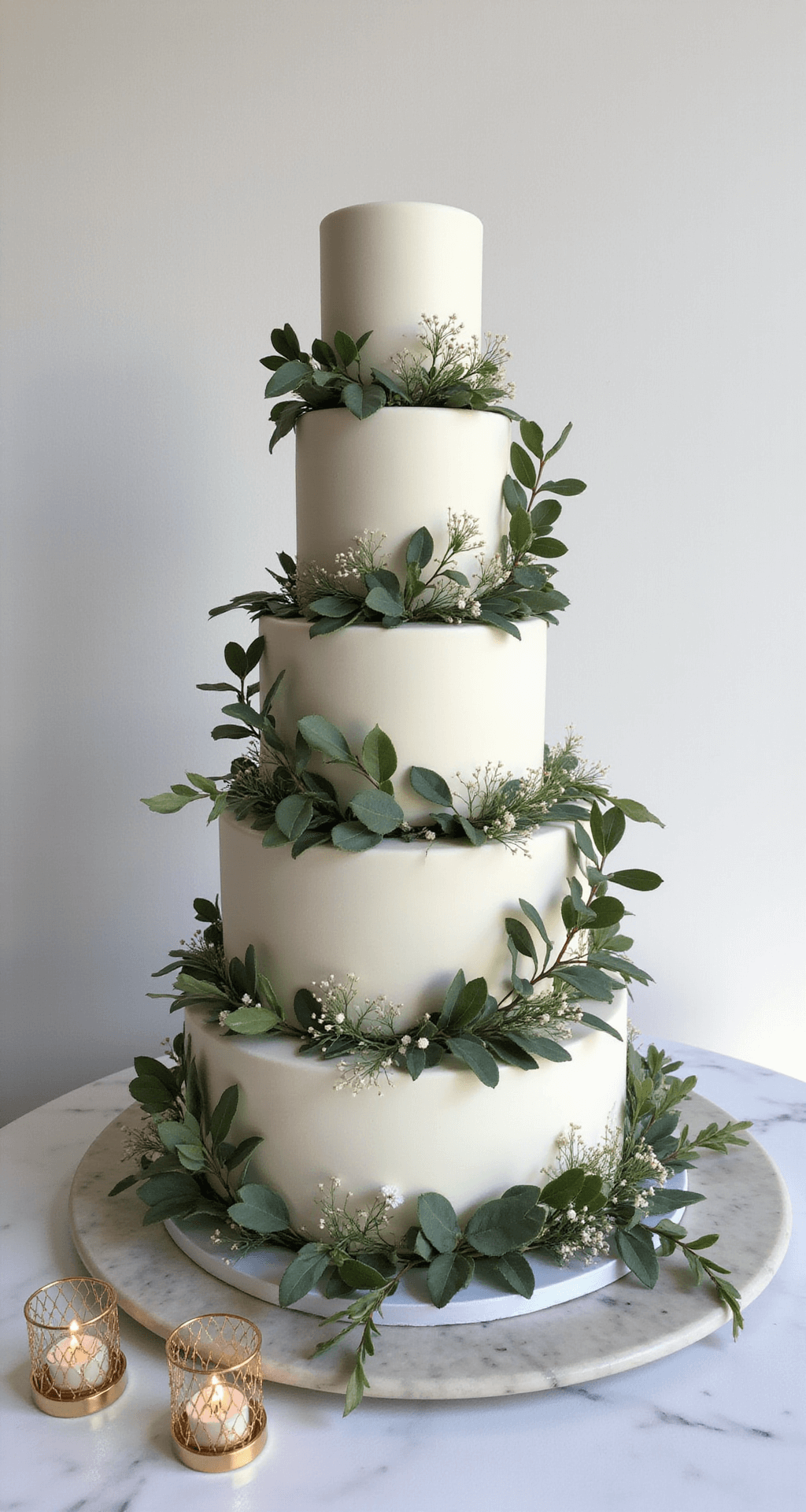 Leaf Decor Wedding Ideas: Creating Natural Beauty Without Breaking the Bank A close-up of a modern minimalist wedding cake surrounded by seeded eucalyptus and olive branches on a marble table, with delicate white flowers and gold geometric candle holders, all illuminated by soft natural light.