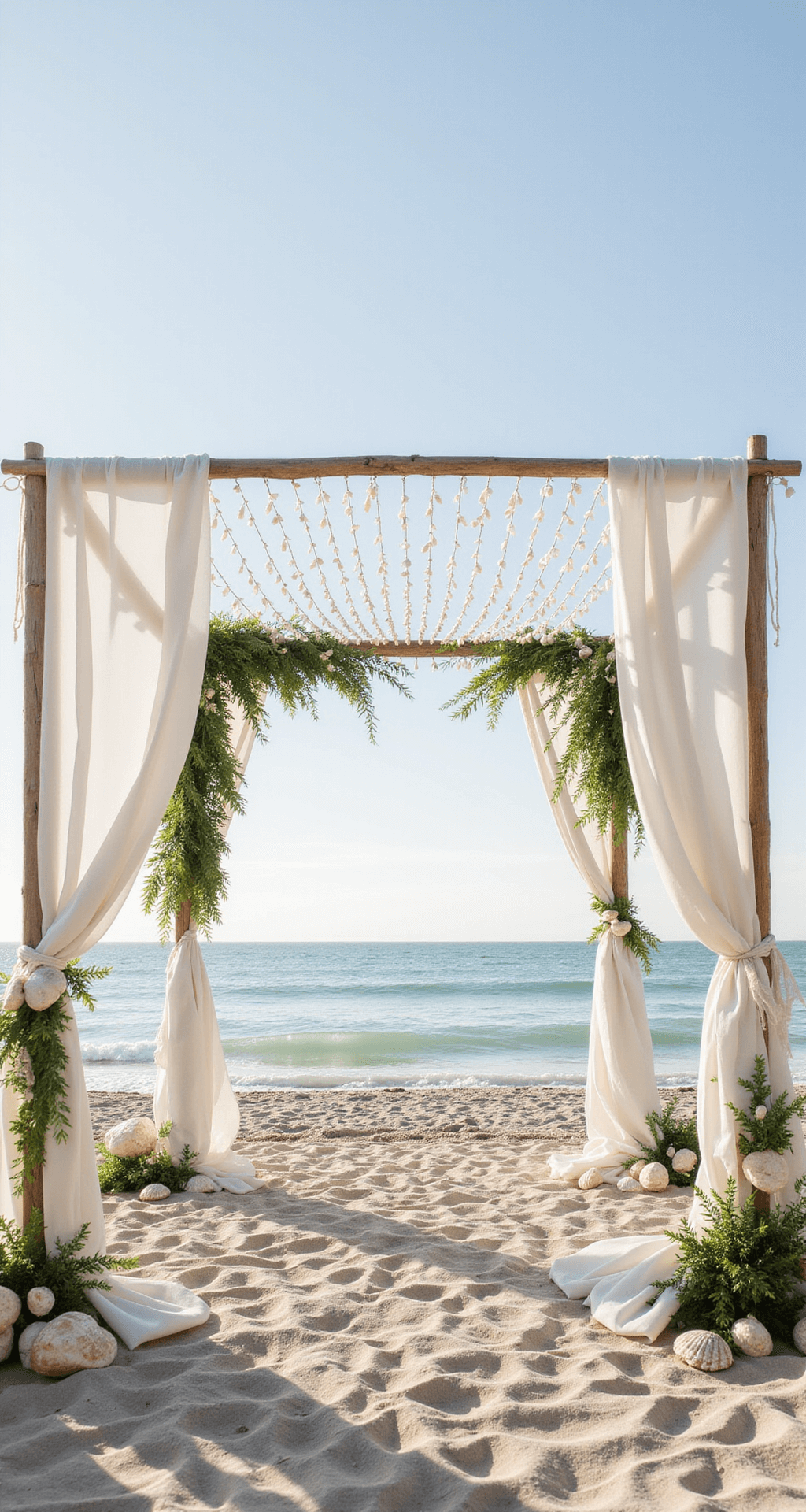 How to Plan Wedding Event Decor That Wows Your Guests Without Breaking the Bank A modern coastal wedding ceremony featuring pearlescent seashell accents, white fabric arches with greenery, soft string lights, natural wood elements, and a pale blue and ivory color palette, set against a sandy beachfront with gentle waves and sunlight creating an ethereal glow.