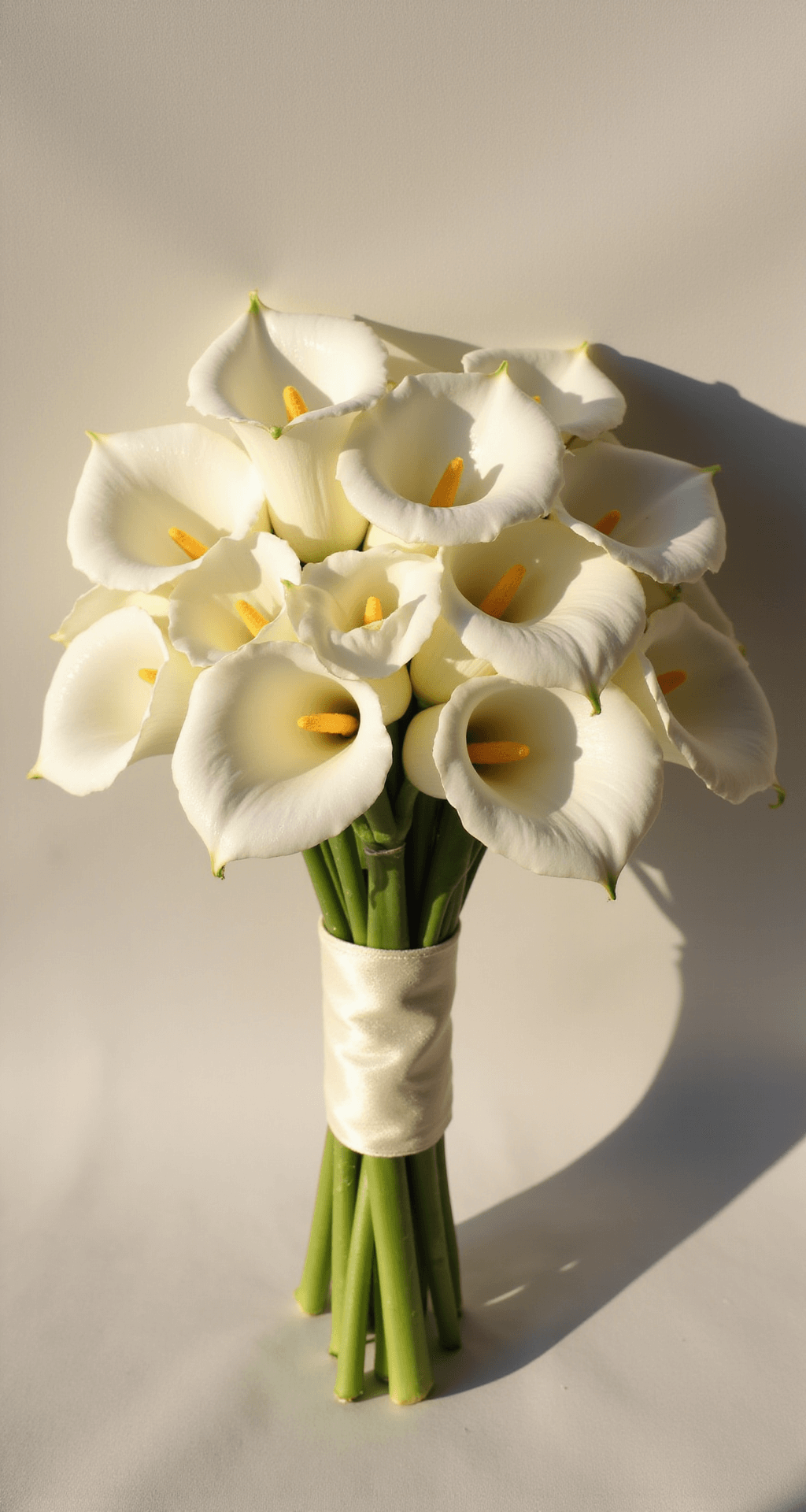 Minimal Wedding Decor: Creating Maximum Impact With Less A elegant bride's bouquet of white calla lilies wrapped in cream linen ribbon, illuminated by golden hour light against a soft neutral background.