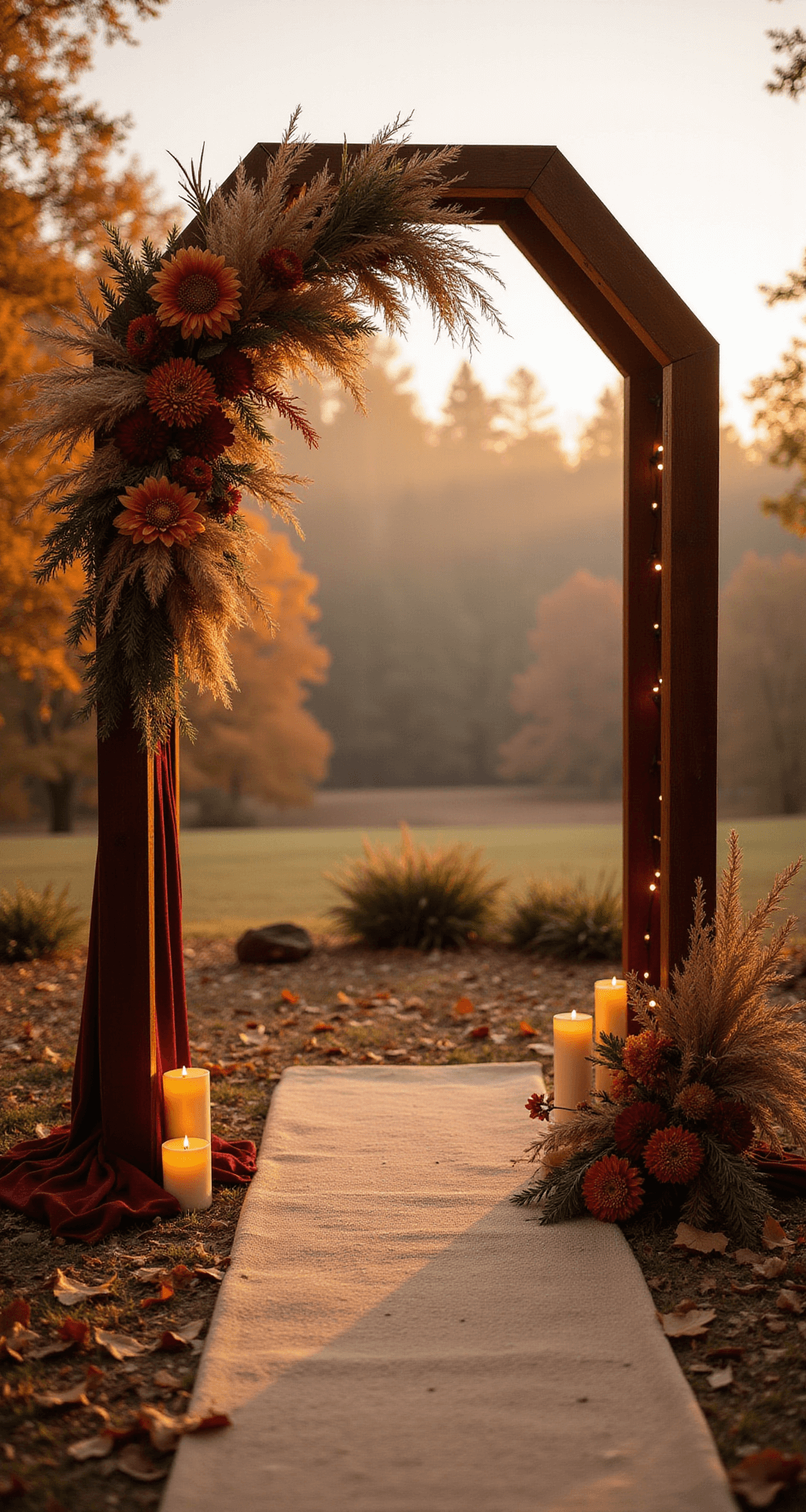 Fall Wedding Decor: Create Warm, Romantic Magic With Seasonal Style Photorealistic fall wedding ceremony scene at golden hour featuring a hexagonal wooden arch draped in burgundy velvet, adorned with pampas grass and terracotta dahlias, set on a soft earth-toned rug amidst scattered autumn leaves, with twinkling string lights and a misty forest backdrop in amber and rust tones.