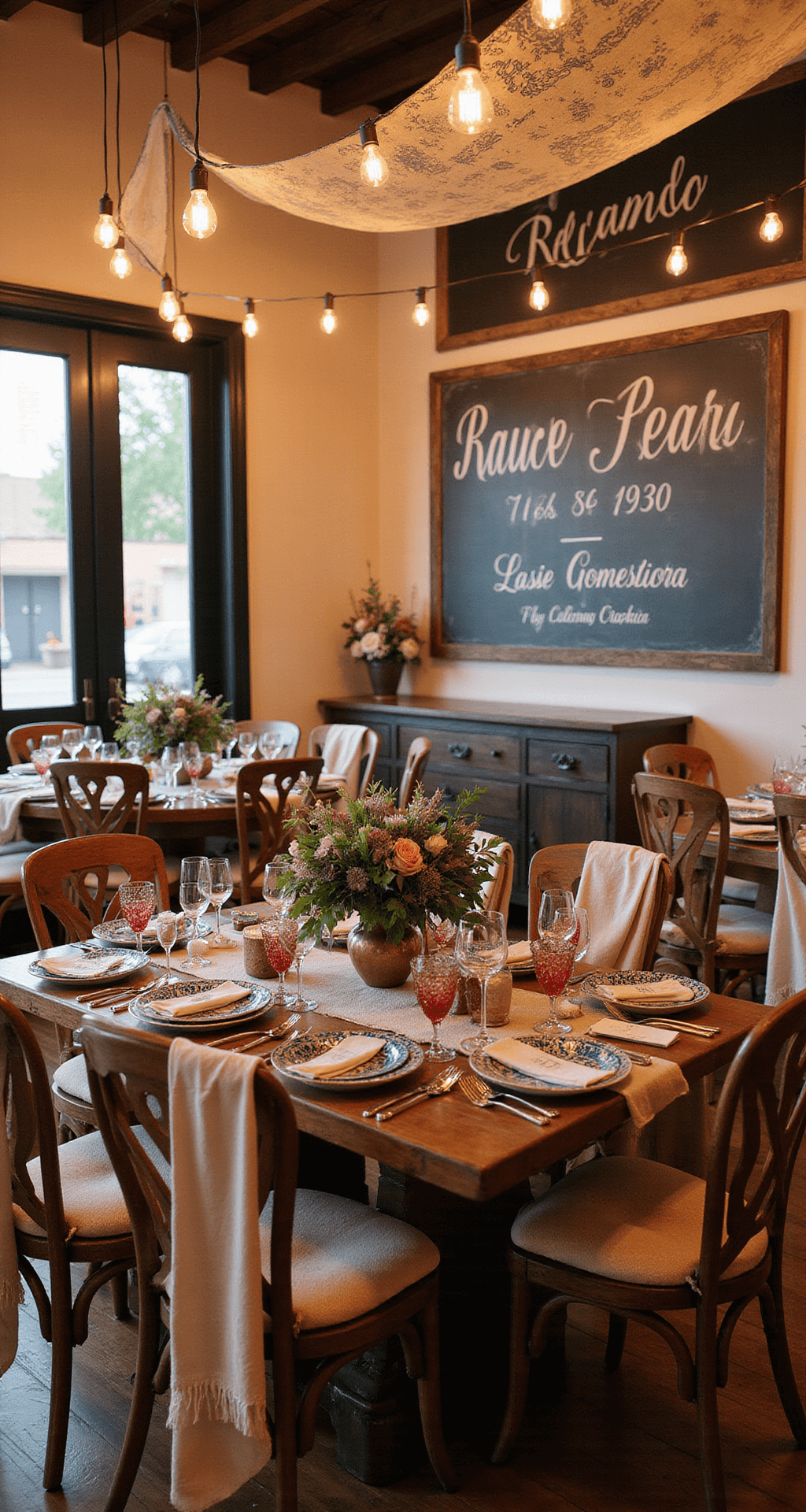 Hacienda Wedding Decor: Creating That Magical Mexican Fiesta Vibe Your Guests Won't Forget An elegantly styled reception space showcasing hand-woven Mexican textiles on vintage wooden chairs, custom bilingual signage in elegant script, twinkling Edison bulb string lights, rich Talavera ceramic place settings with copper and burgundy accents, and delicate papel picado overhead casting intricate shadows.