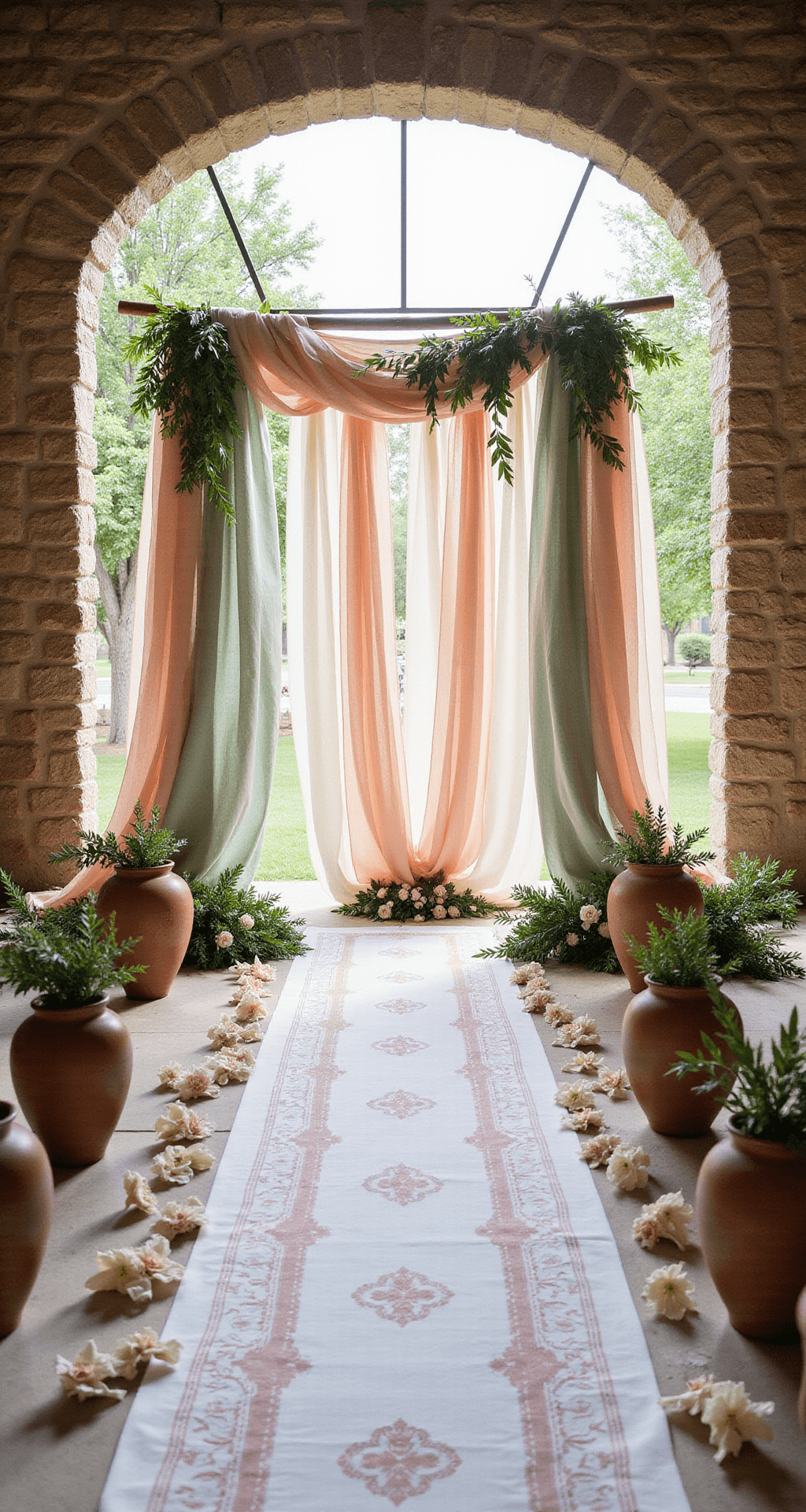 Hacienda Wedding Decor: Creating That Magical Mexican Fiesta Vibe Your Guests Won't Forget A beautiful ceremony arch decorated with blush, cream, and sage green papel picado, set against natural stone walls of a hacienda, with morning sunlight filtering through the cutouts, surrounded by terra cotta urns and hand-embroidered runners.