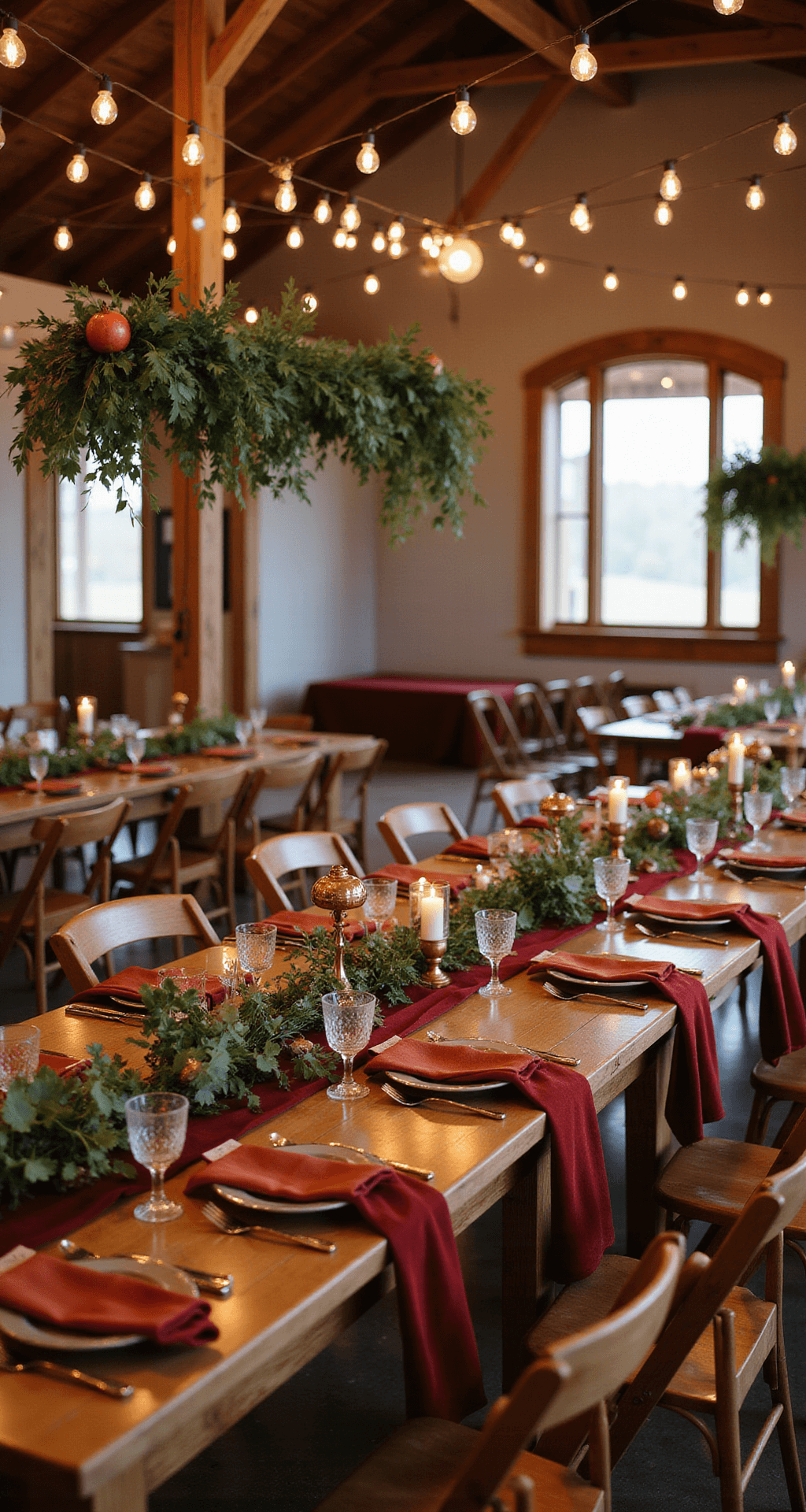 How to Create Stunning Wedding Reception Decor That Actually Reflects Your Style A warm autumn wedding reception in a barn, featuring long wooden farm tables with terracotta and burgundy velvet linens, rustic centerpieces of pomegranates and greenery, and soft candlelight with hanging Edison string lights.