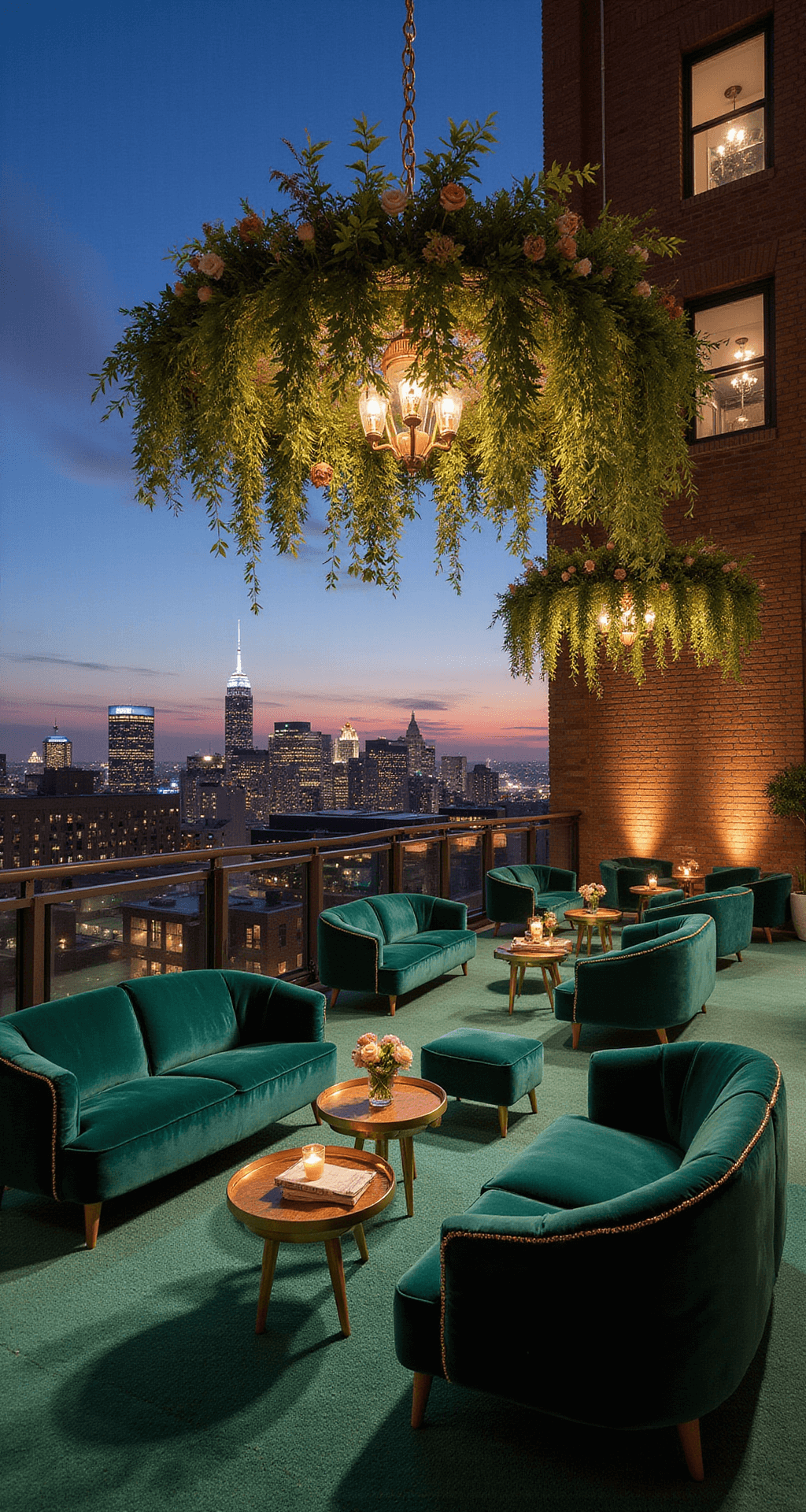 How to Create Stunning Wedding Reception Decor That Actually Reflects Your Style A luxurious rooftop wedding reception with jewel-toned velvet lounges in emerald and sapphire, gold-trimmed chairs, cascading floral installations, and a city skyline backdrop, illuminated by strategic uplighting transitioning from sunset to nighttime.