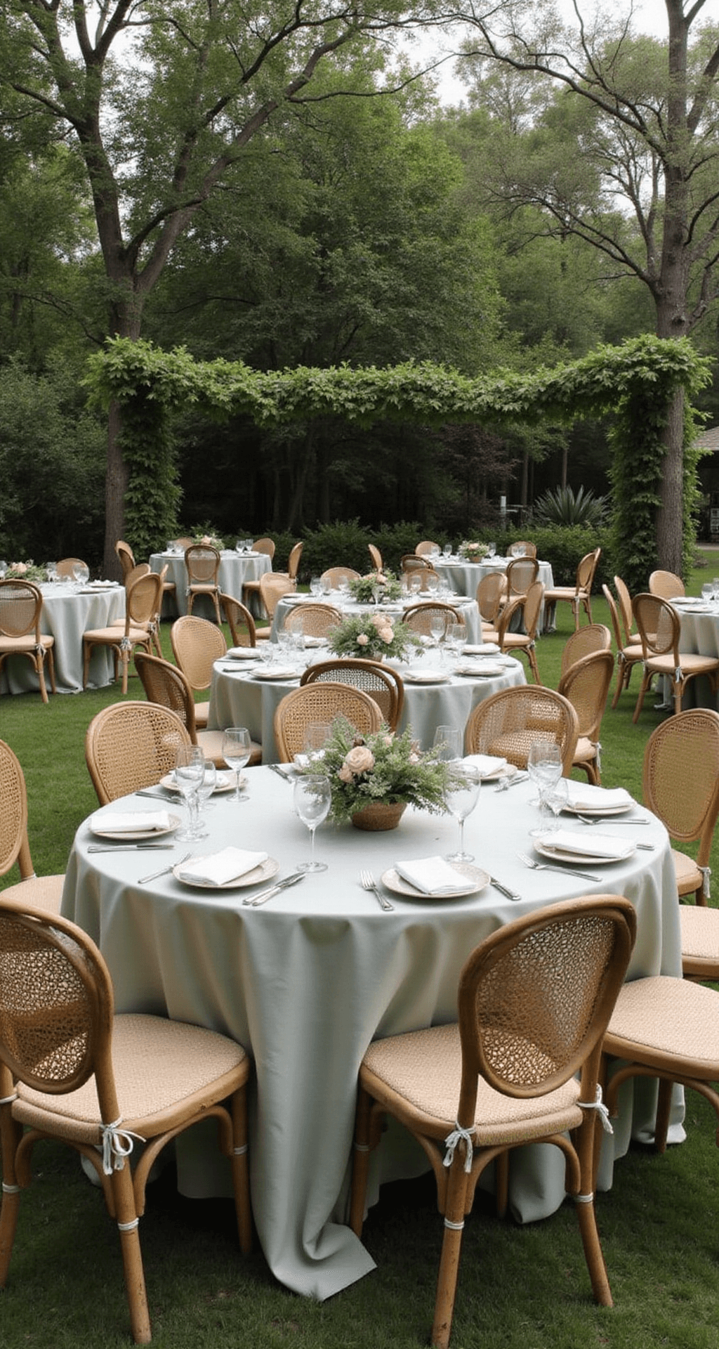 How to Create Stunning Wedding Reception Decor That Actually Reflects Your Style A serene garden-inspired wedding reception with sage green and cream tones, featuring cane furniture, natural linen tablecloths, low centerpieces of fresh herbs and wildflowers, and soft fairy lights woven into greenery, all set in gentle morning light.