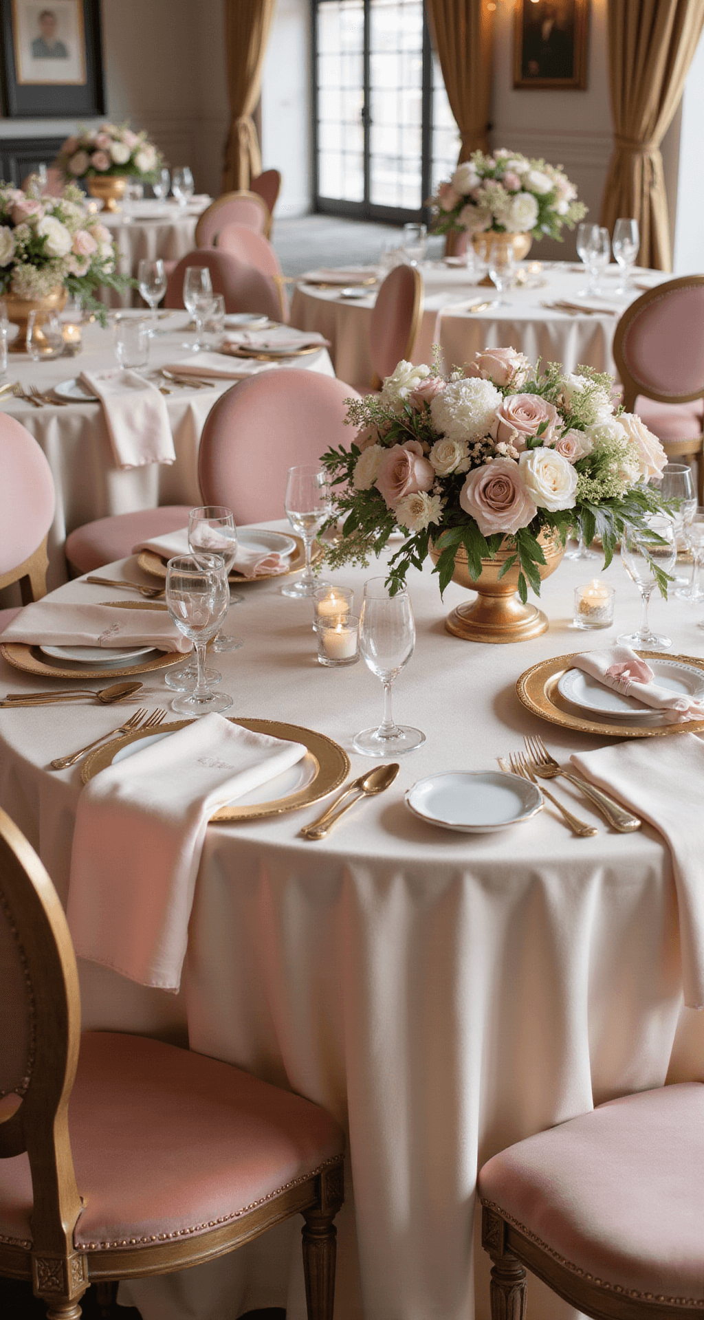 How to Create Stunning Wedding Reception Decor That Actually Reflects Your Style A romantic wedding reception featuring pale pink velvet chairs, cream silk linens, rose gold charger plates, low floral arrangements of soft pink roses and white ranunculus, and soft candlelight in a classic ballroom setting.