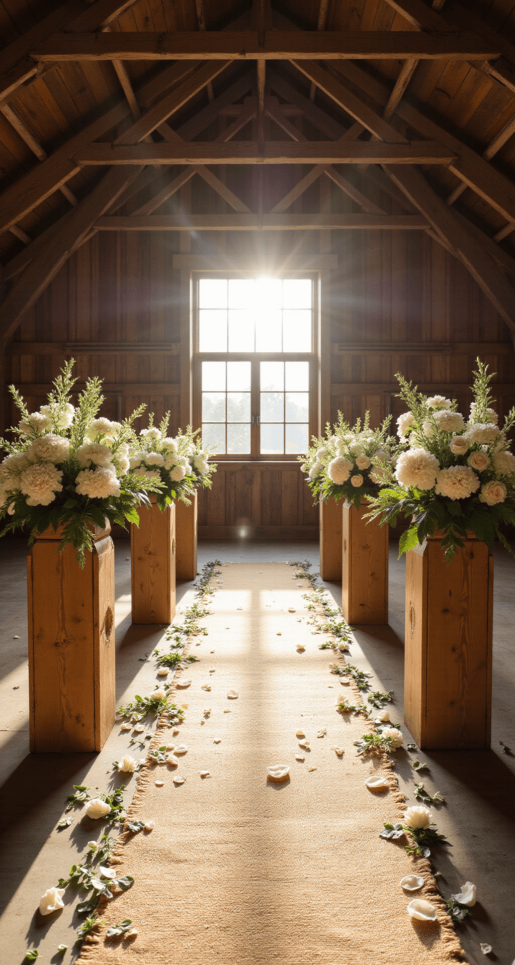 Wedding Aisle Decor Ideas: Transform Your Ceremony With These Stunning Designs A sunlit rustic barn wedding aisle featuring wooden pedestals with white hydrangeas and eucalyptus, jute runners, rose petals, and soft morning light creating a romantic atmosphere.