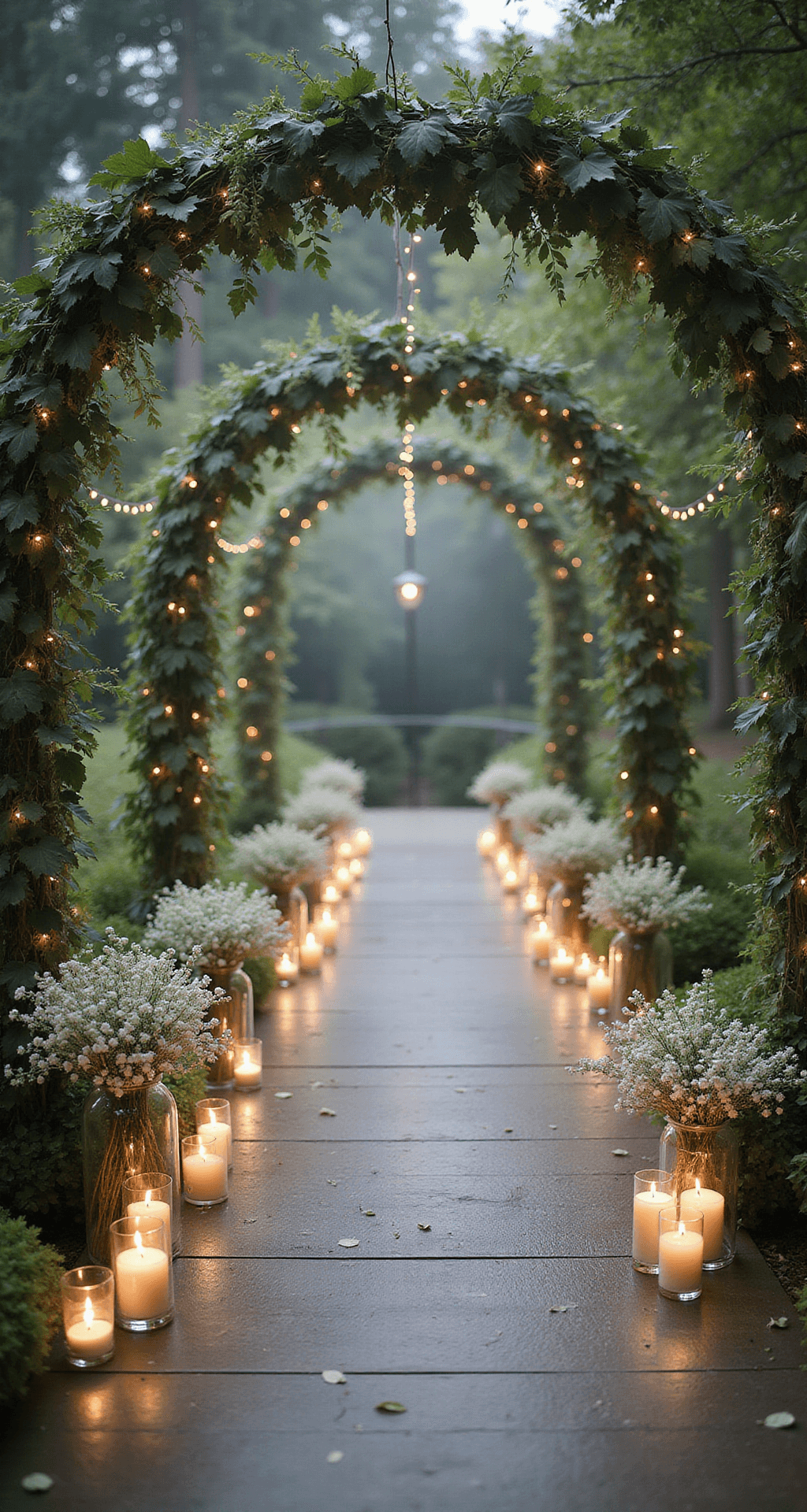 Wedding Aisle Decor Ideas: Transform Your Ceremony With These Stunning Designs An ethereal garden ceremony aisle adorned with clear glass pillar vases filled with cascading baby's breath and silvery-green eucalyptus, framed by delicate twinkle lights and soft candlelight, all illuminated by misty morning light.