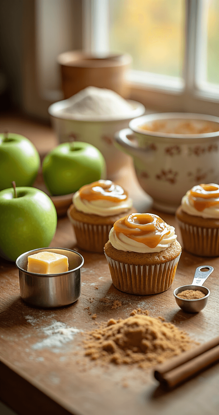 Caramel Apple Cupcakes: Fall's Perfect Bite-Sized Dessert Close-up of a rustic kitchen countertop with fresh Granny Smith apples, measuring cups, and scattered baking ingredients, illuminated by soft autumn morning light, featuring golden-brown butter and vintage ceramic mixing bowls.