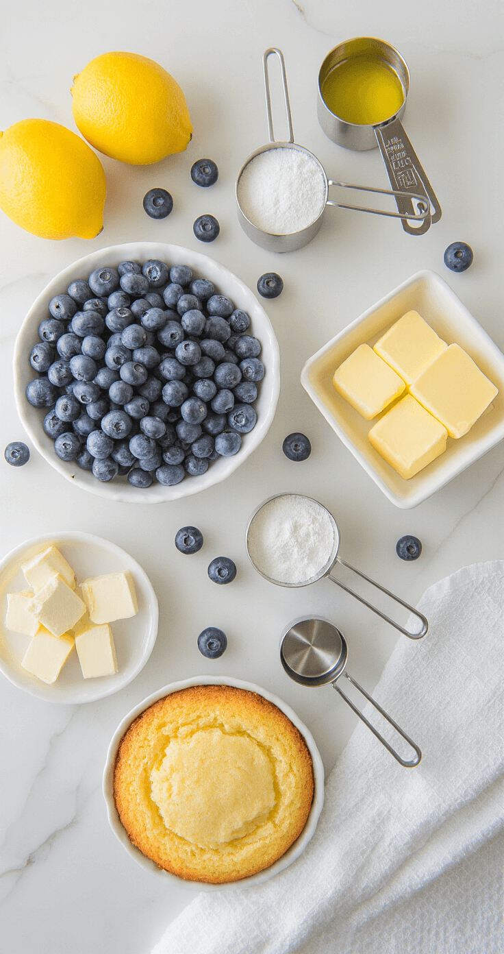 Blueberry Lemon Cake: Fresh, Bright, and Ridiculously Moist Overhead view of a pristine kitchen counter arranged with ingredients for blueberry lemon cake, including fresh blueberries, whole lemons, softened butter, and gleaming measuring cups, illuminated by warm morning light.
