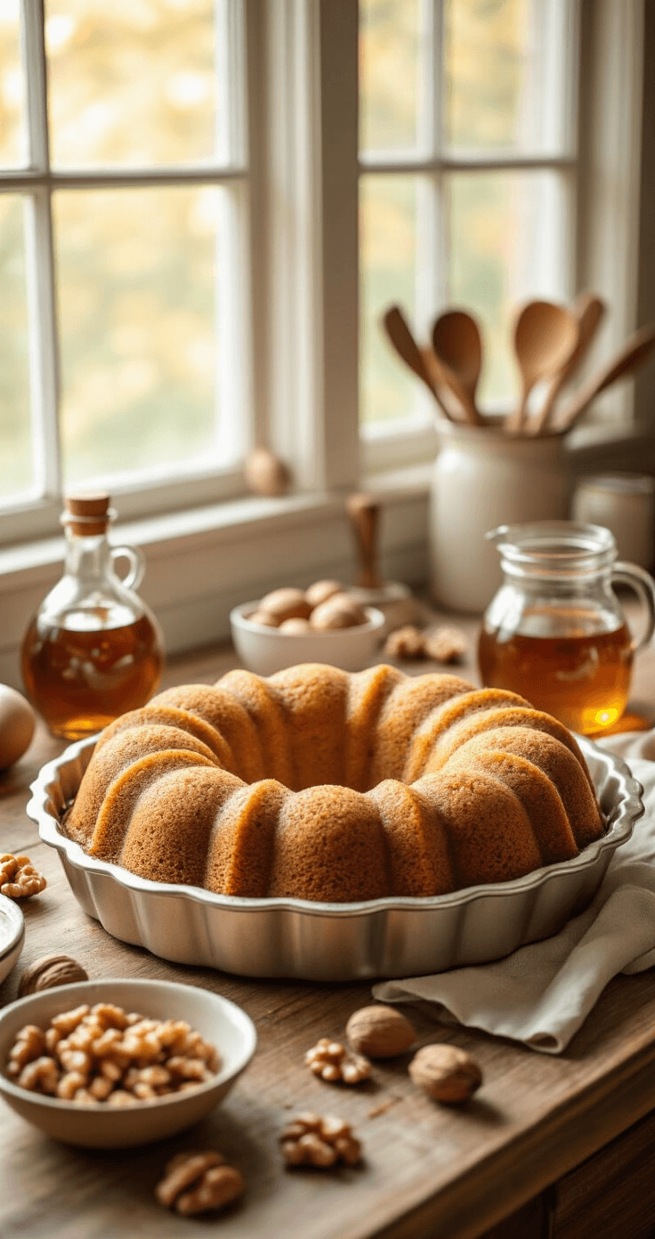 Maple Walnut Cake That'll Make Your Kitchen Smell Like a Canadian Dream A rustic kitchen bathed in golden light features a Bundt pan filled with maple walnut cake batter, surrounded by maple syrup, walnuts, and vintage measuring cups, evoking a cozy baking atmosphere.