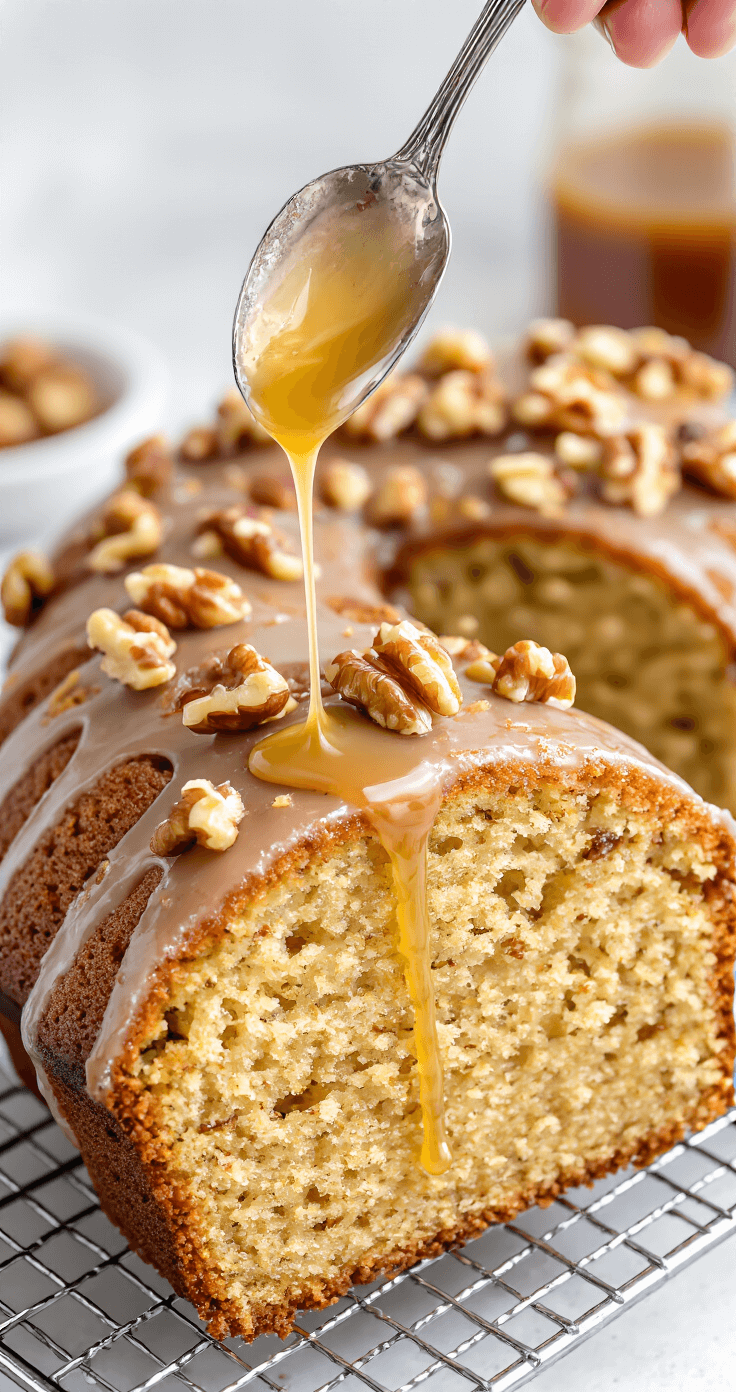 Maple Walnut Cake That'll Make Your Kitchen Smell Like a Canadian Dream Close-up of a maple walnut cake on a wire rack, with a silver spoon drizzling smooth maple glaze over the golden cake, showcasing walnut pieces and syrup droplets.
