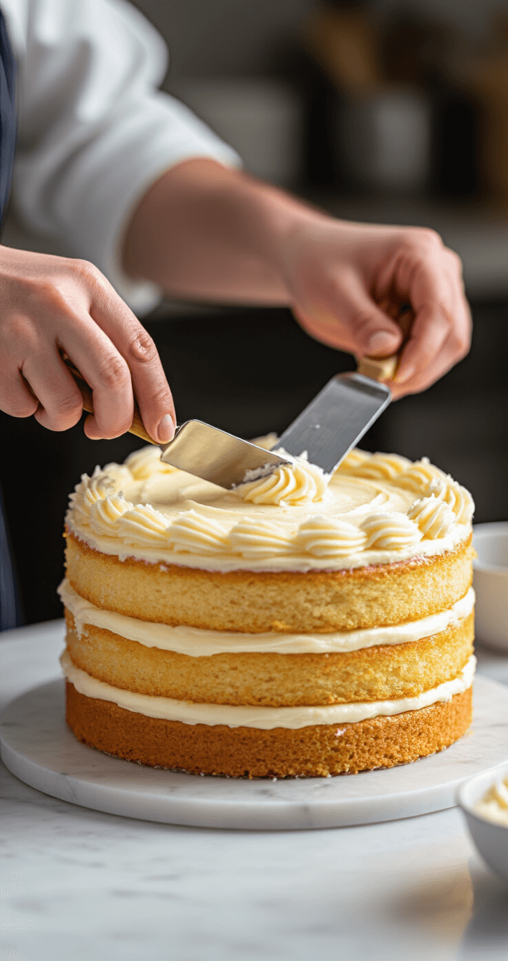 Mango Coconut Cake: The Tropical Layer Cake That'll Transport You to Paradise A professional baker's hands spread coconut buttercream between golden cake layers with an offset spatula, creating smooth swirls on a pristine white marble countertop, illuminated by warm afternoon lighting in a softly blurred kitchen background.