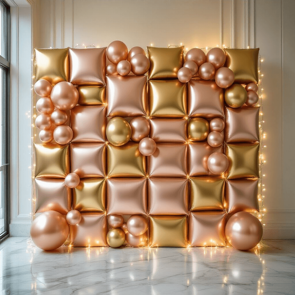 How I Transformed My Party Space with Foil Balloons (And You Can Too) A luxurious event backdrop with a gold and rose gold foil balloon installation in a geometric pattern, illuminated by soft evening lighting and delicate fairy lights, set against minimalist white walls and marble floors.