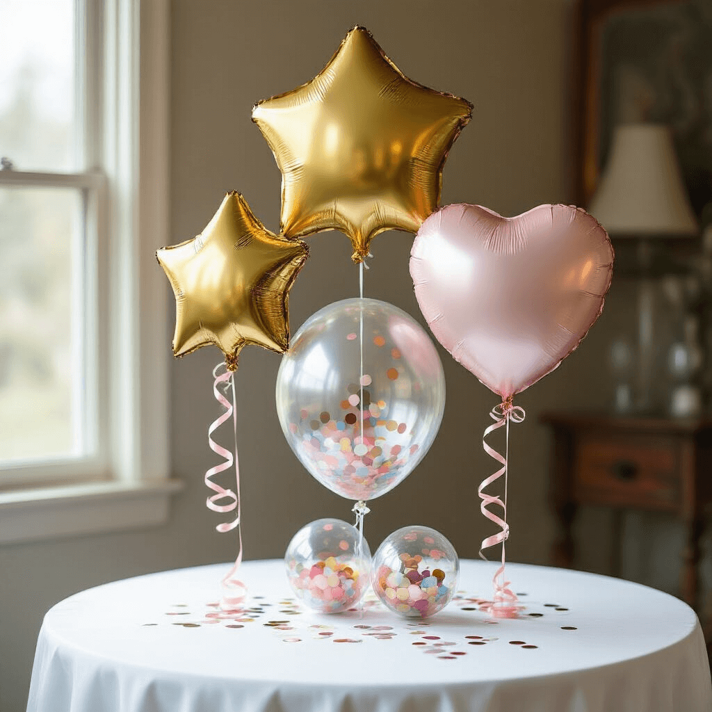 How I Transformed My Party Space with Foil Balloons (And You Can Too) An overhead view of a birthday celebration table centerpiece featuring three foil balloons (star-shaped gold, round metallic silver, heart-shaped blush pink) suspended above a white tablecloth, with clear confetti-filled base balloons and delicate curling ribbons, illuminated by soft natural light.