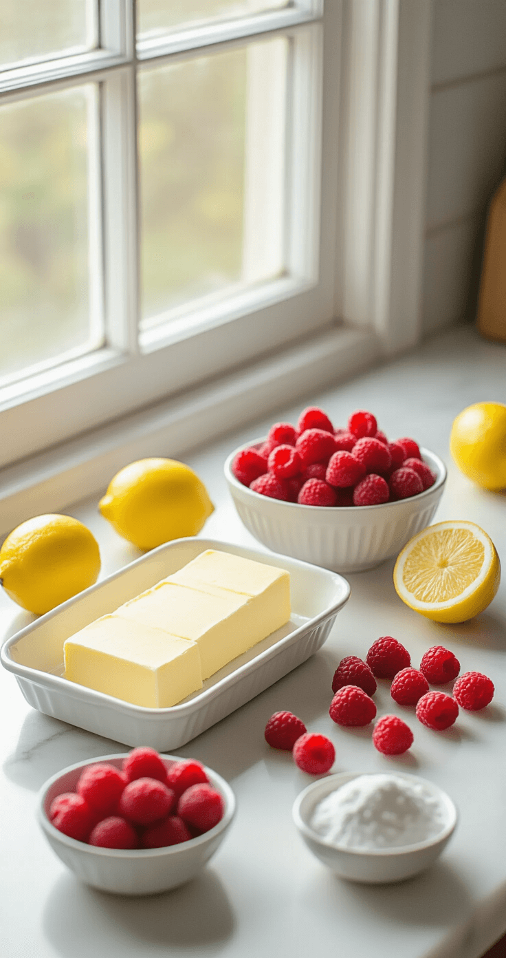 Raspberry Lemon Cake That'll Make Your Taste Buds Dance A clean kitchen countertop featuring arranged ingredients for raspberry lemon cake: softened butter in a ceramic dish, fresh raspberries on a marble surface, and lemons being zested, all bathed in soft morning light.