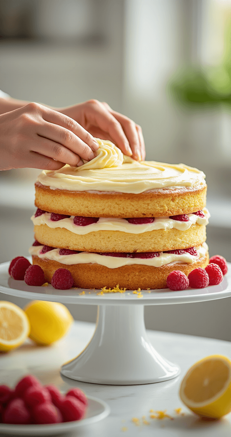 Raspberry Lemon Cake That'll Make Your Taste Buds Dance A baker's hands spreading lemon cream cheese frosting between golden cake layers, with raspberry juices visible, on a white cake stand surrounded by fresh raspberries and lemon zest, in a sunlit kitchen.