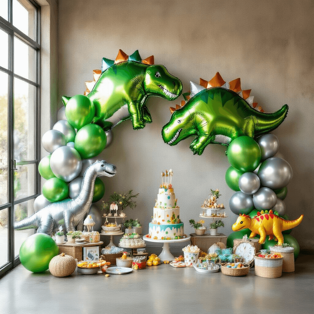 How I Transformed My Party Space with Foil Balloons (And You Can Too) A whimsical children's birthday party scene featuring a dinosaur-themed foil balloon backdrop with oversized metallic green and silver dinosaur balloons, colorful party favors, a themed cake, and playful decorations, all bathed in soft natural light from large windows.
