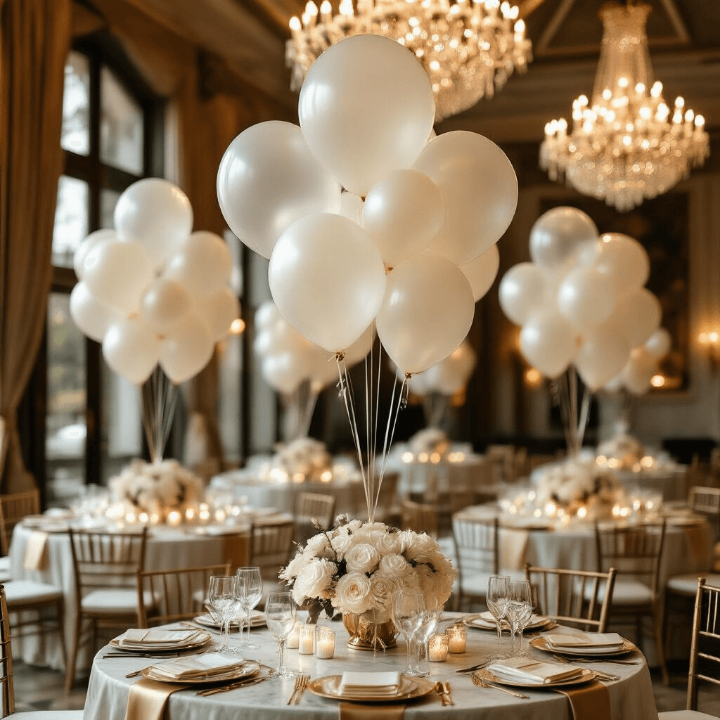 Balloons with Ribbon: Everything You Need to Know About Creating Picture-Perfect Party Decorations Sophisticated wedding reception featuring clear bobo balloons filled with white and ivory latex balloons, adorned with cream and metallic gold satin ribbons, in a marble-topped space with crystal chandeliers, elegant table settings, and warm lighting.