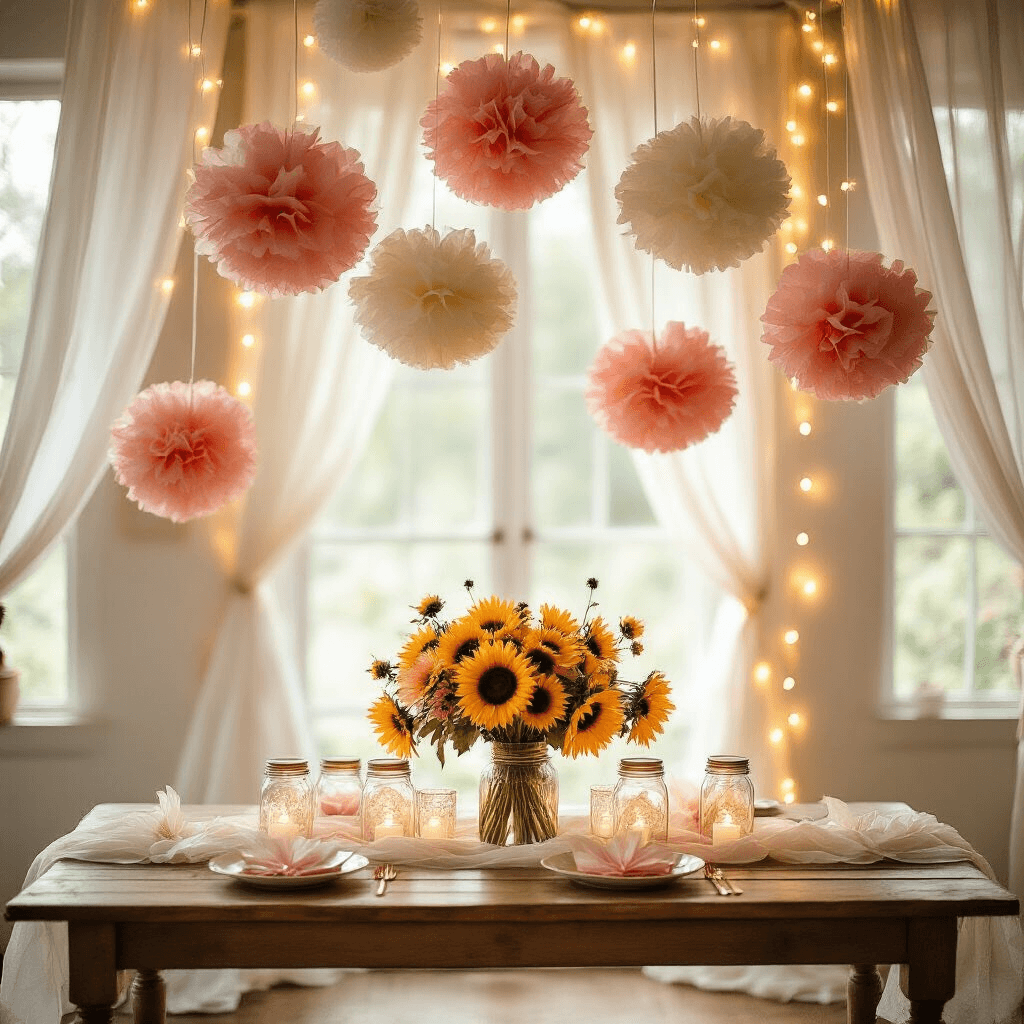 Birthday Party Magic Without a Single Balloon in Sight A whimsical birthday party scene featuring ethereal paper pom-poms, warm LED fairy lights, and sheer white fabric draping the walls, with a vintage wooden table adorned with sunflowers in mason jars and coral and gold paper fans, illuminated by natural light for an intimate, dreamy atmosphere.