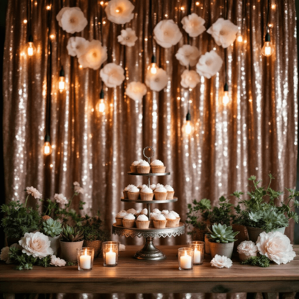 Birthday Party Magic Without a Single Balloon in Sight An elegant evening celebration backdrop featuring a shimmering sequin rose gold curtain, adorned with handmade paper coffee filter flowers. Warm Edison bulb string lights create a cozy, vintage atmosphere, while a wooden farmhouse table showcases a tiered cupcake centerpiece on an antique silver stand, surrounded by potted succulents. Soft candlelight reflects off the sequins, enhancing the magical setting with sophisticated and playful textures.