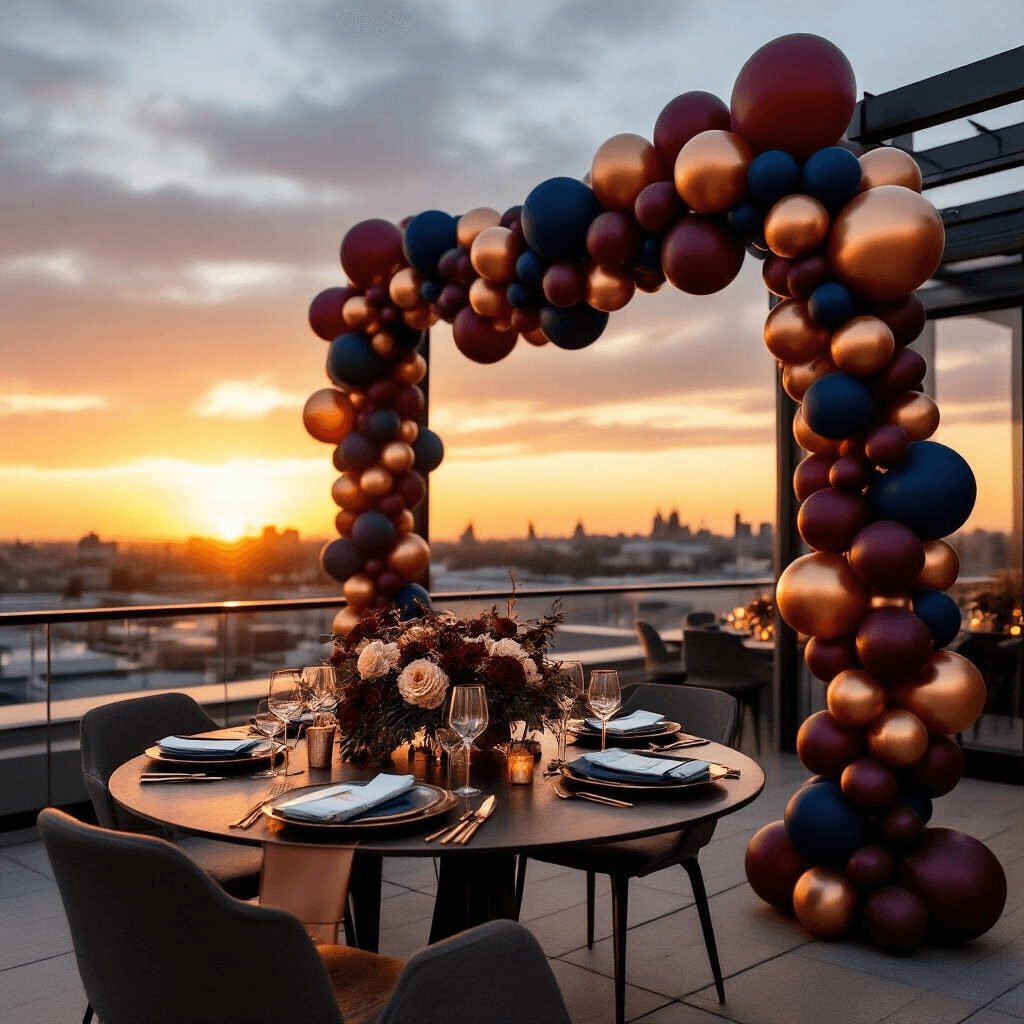Anniversary Balloon Decoration Ideas That'll Make Your Partner Say "Wow" Aerial view of a rooftop terrace anniversary setup featuring a navy, burgundy, and copper balloon garland. The scene is bathed in warm golden sunset light, showcasing a sophisticated minimalistic table setting and elegant layers of balloon textures in perfect color coordination.