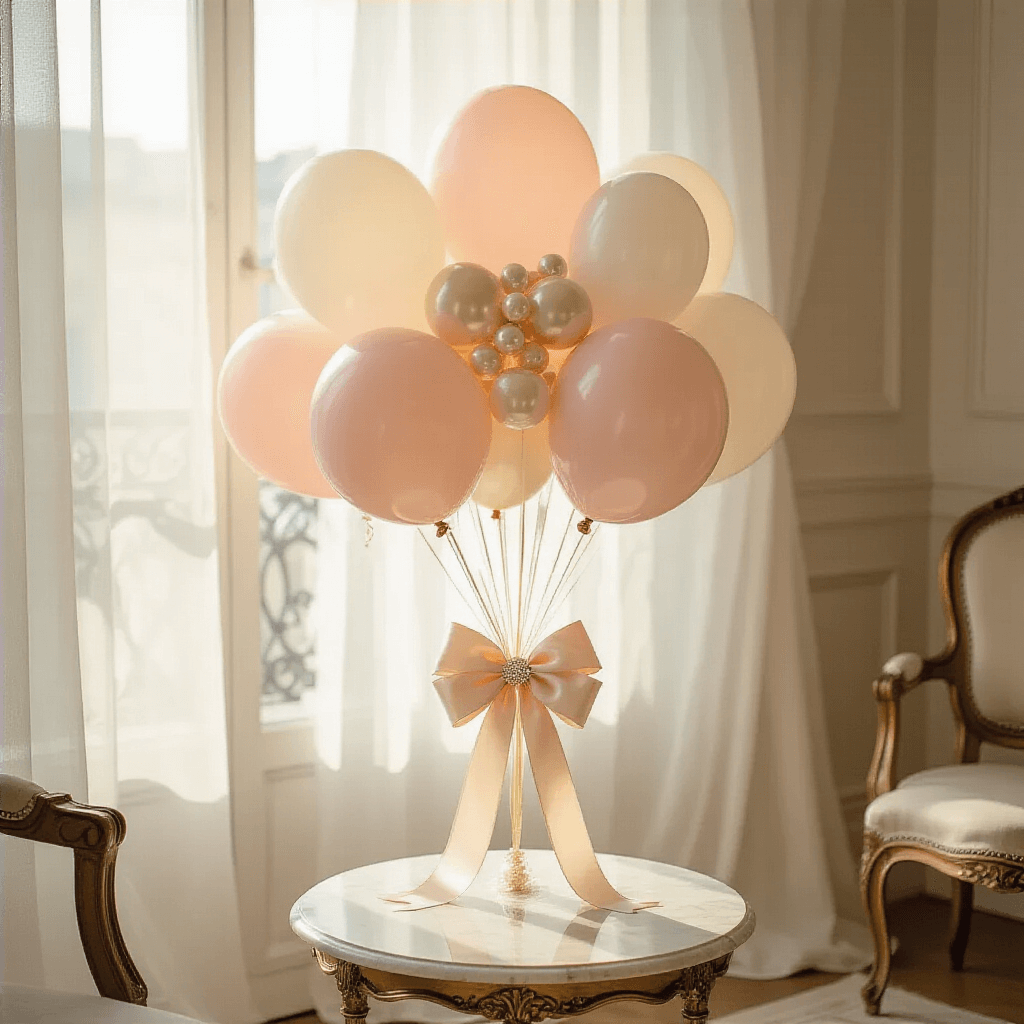 Coquette Balloons: Your Complete Guide to Creating the Perfect Pink Bow Aesthetic An overhead shot of a soft blush and ivory Parisian-style apartment, featuring a coquette balloon setup with personalized bubble balloons, satin ribbon bows, and gold accents, as golden hour sunlight filters through sheer curtains, illuminating a marble side table and vintage chair in a romantic atmosphere.