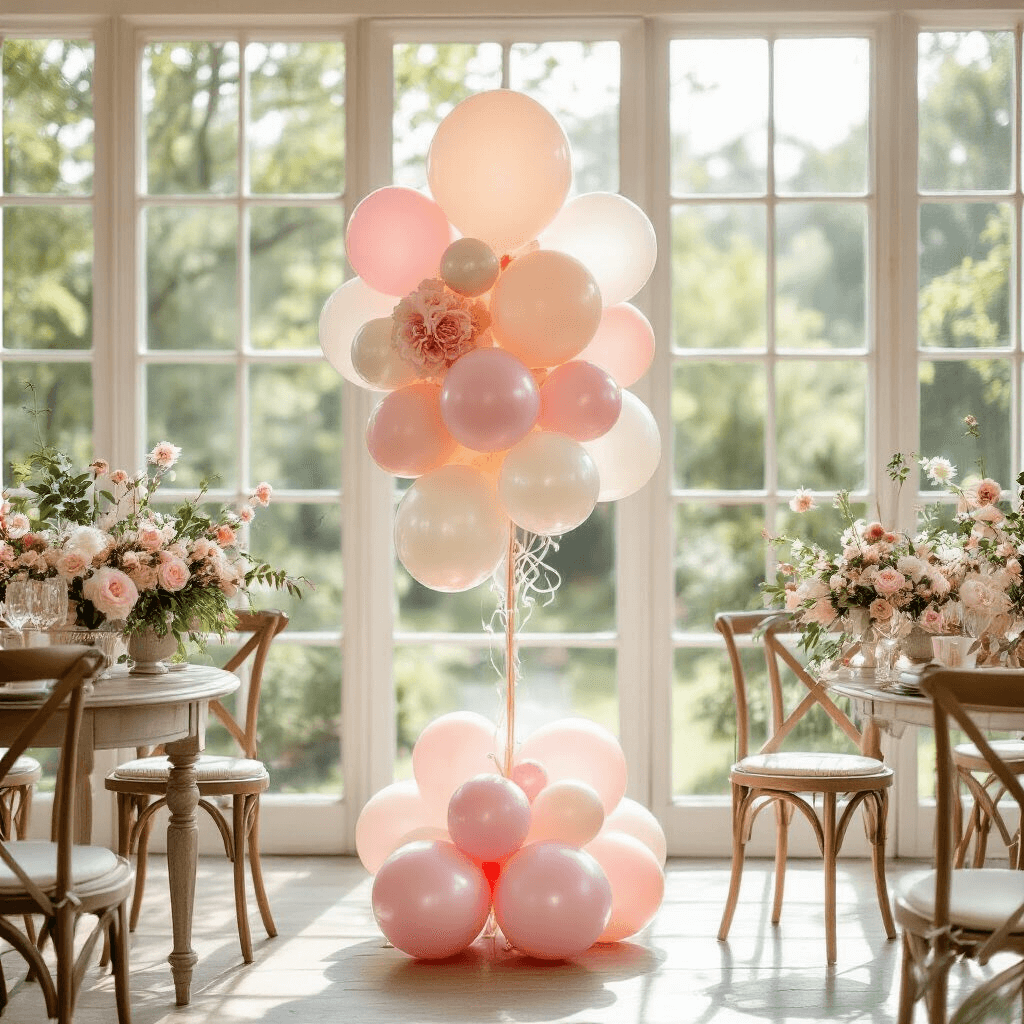 Coquette Balloons: Your Complete Guide to Creating the Perfect Pink Bow Aesthetic Whimsical baby shower balloon setup in a bright garden room with floor-to-ceiling windows, featuring a variety of soft pink and pearl-finish balloons, personalized bubble balloons, and delicate floral arrangements in blush and cream, all illuminated by afternoon sunlight.