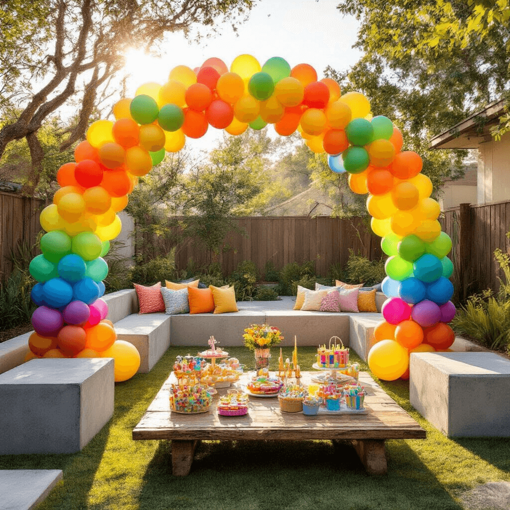 Yellow Balloon Decorations: Everything You Need to Transform Your Party Space A vibrant birthday party scene in a modern backyard featuring a yellow-dominant rainbow balloon arch, geometric concrete seating, multicolored latex balloons, children's party favors on a rustic wooden table, and warm golden hour sunlight casting playful shadows.