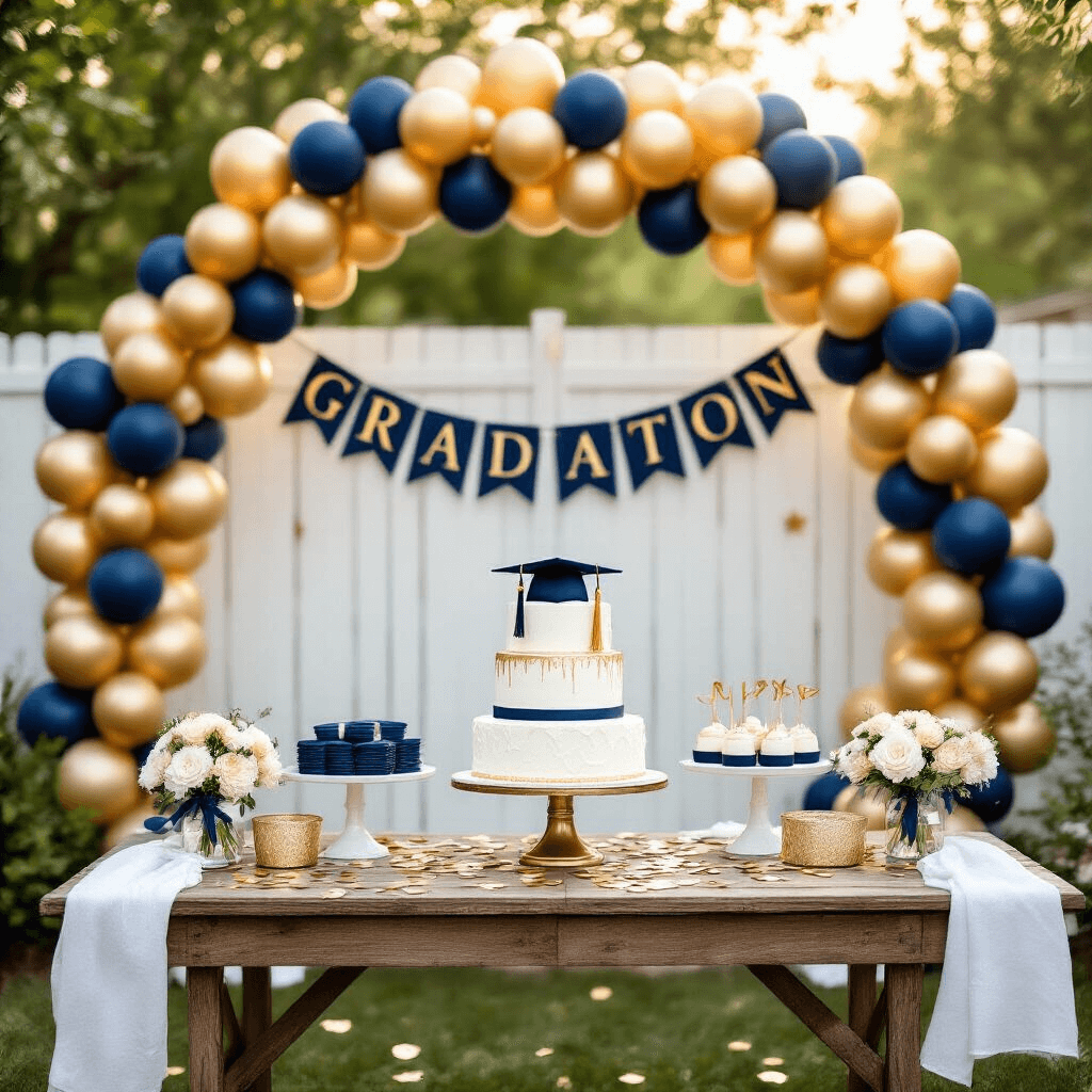 Graduation Balloons: Everything You Need to Know Before Your Big Day A sunlit backyard graduation party featuring a gold and navy blue balloon arch over a white fence, a rustic wooden table with a three-tier white cake adorned with navy ribbons, and clusters of metallic graduation cap balloons, all set in an elegant atmosphere.