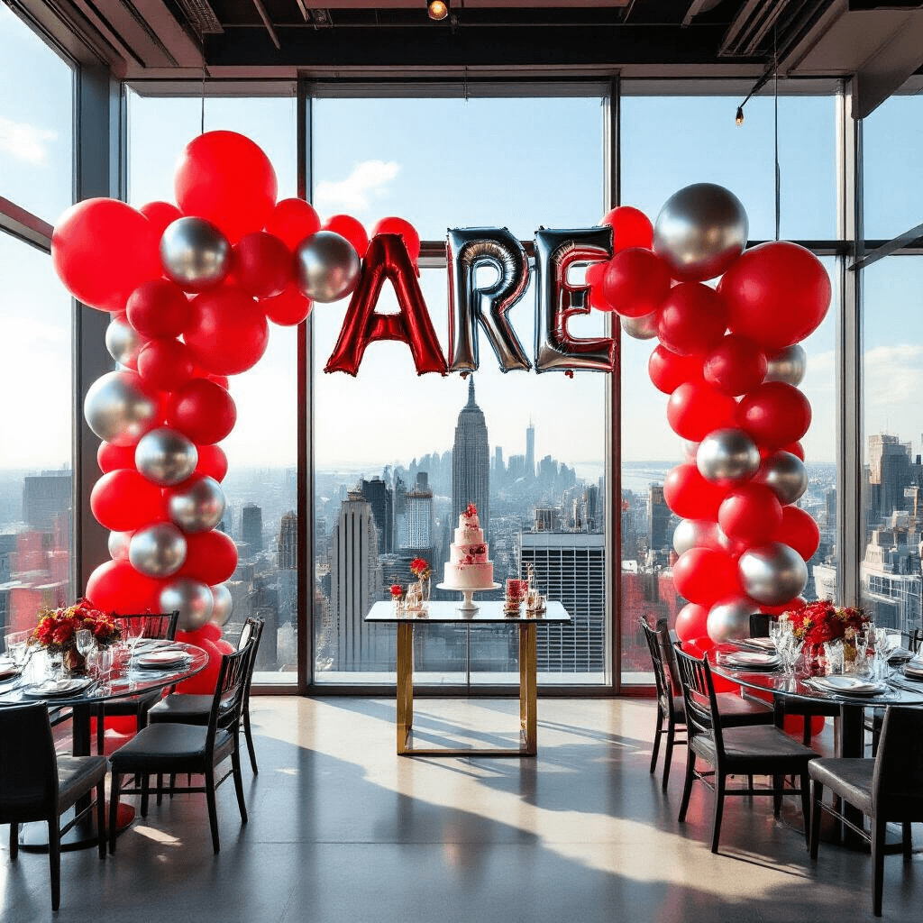 Graduation Balloons: Everything You Need to Know Before Your Big Day A vibrant rooftop graduation party with a city skyline backdrop, featuring bold crimson and silver balloon installations, modern glass tables, a dessert station, oversized balloon letters of the graduate's name, and a sleek photo booth area, all illuminated by natural midday sunlight.