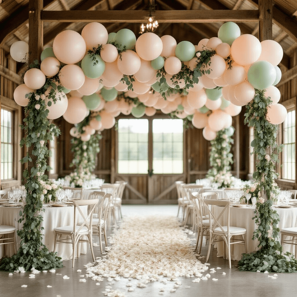 Pastel Balloons: How I Transform Ordinary Spaces Into Instagram-Worthy Celebrations Ultra-detailed pastel balloon wedding reception scene in a vintage rustic barn, featuring soft blush and sage green balloons, eucalyptus garlands, elegant white chairs with silk covers, marble-topped tables with gold-rimmed glassware, and a floor adorned with ivory rose petals, all illuminated by natural sunlight for a romantic atmosphere.