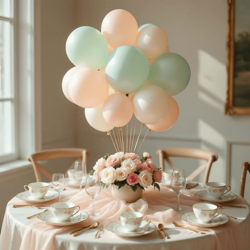 Pastel Balloons: How I Transform Ordinary Spaces Into Instagram-Worthy Celebrations Intimate baby shower table setting with a pastel balloon centerpiece in mint, ivory, and peach, adorned with fresh white roses and pink carnations, elegant tea settings, and soft morning light creating gentle shadows.