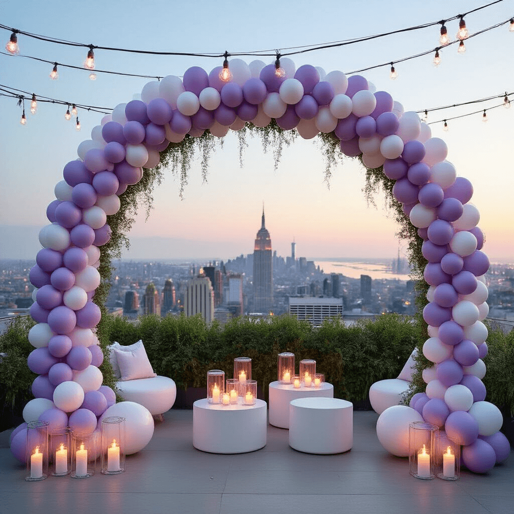 Pastel Balloons: How I Transform Ordinary Spaces Into Instagram-Worthy Celebrations A whimsical garden party rooftop event features an organic pastel balloon arch in lavender, white, and silver, framing a city skyline. The arch appears naturally grown, complemented by artificial greenery, modern white furniture, and glass pedestals adorned with tea lights. Overhead fairy lights enhance the magical evening ambiance.