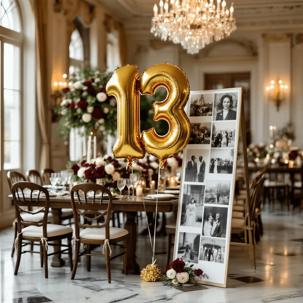 Number 13 Foil Mylar Balloons: Everything You Need to Know for Your Big Celebration An elegant milestone anniversary celebration with a gold number 13 foil balloon next to a curated photo timeline, set in a classic dining room featuring marble floors and crystal chandeliers, a long wooden table adorned with burgundy and ivory floral arrangements, and illuminated by soft candlelight, highlighting vintage photographs in a nostalgic atmosphere.