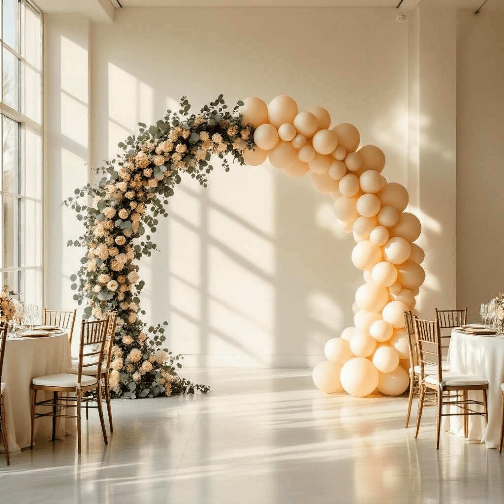 Beige Balloons: The Understated Hero Your Elegant Event Needs A sophisticated wedding reception featuring a beige balloon arch against a minimalist white venue with floor-to-ceiling windows, bathed in golden hour sunlight. Eucalyptus garlands entwine with the arch, and polished marble floors reflect the soft light. Crisp white tables with rose gold accents complete the ethereal scene.