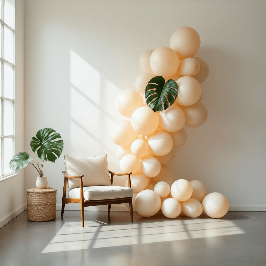 Beige Balloons: The Understated Hero Your Elegant Event Needs An intimate minimalist birthday celebration with beige balloons of graduated sizes clustered against a white wall, featuring a single green monstera leaf, polished concrete floor, mid-century modern furniture, and copper metallic accents, bathed in soft natural light.