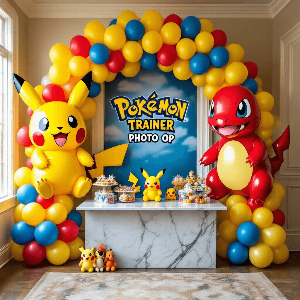Pokemon Balloons: Everything You Need to Know About Decorating Your Party With These Pocket Monsters A colorful Pokemon-themed birthday party entrance featuring a large balloon arch with Pikachu and Charmander foil balloons, clusters of yellow, red, and blue latex balloons, a 'Pokemon Trainer Photo Op' sign, a marble-topped gift table with plush toy weights, and cascading balloon garlands, all bathed in warm golden hour lighting.