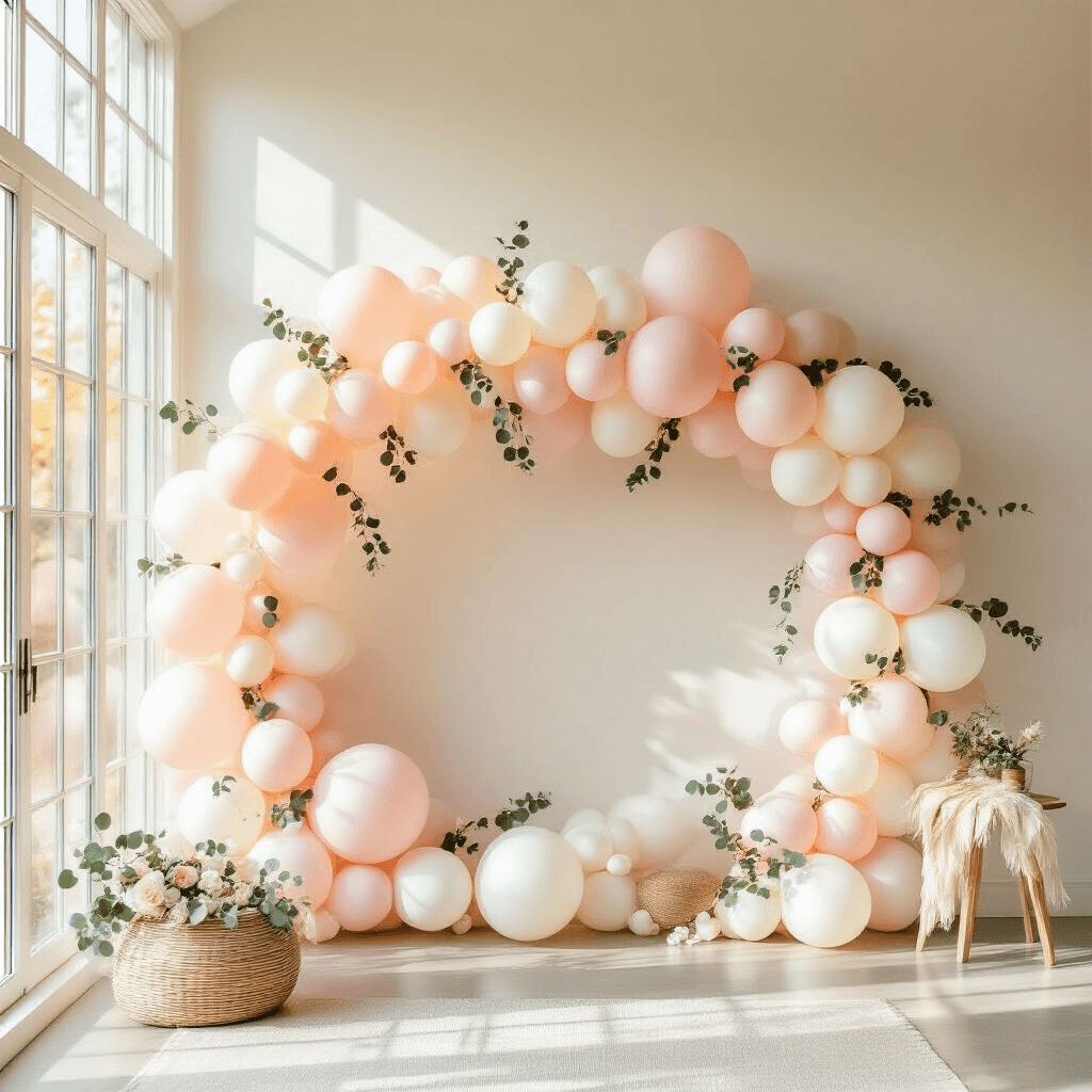 How to Create Stunning Balloon Decorations That Actually Look Professional (Not Like a Kindergarten Party) Aerial view of a blush pink and ivory balloon garland with ombre gradient, adorned with silk ribbons and eucalyptus sprigs, draped in a minimalist living room with golden hour sunlight streaming in through large windows.