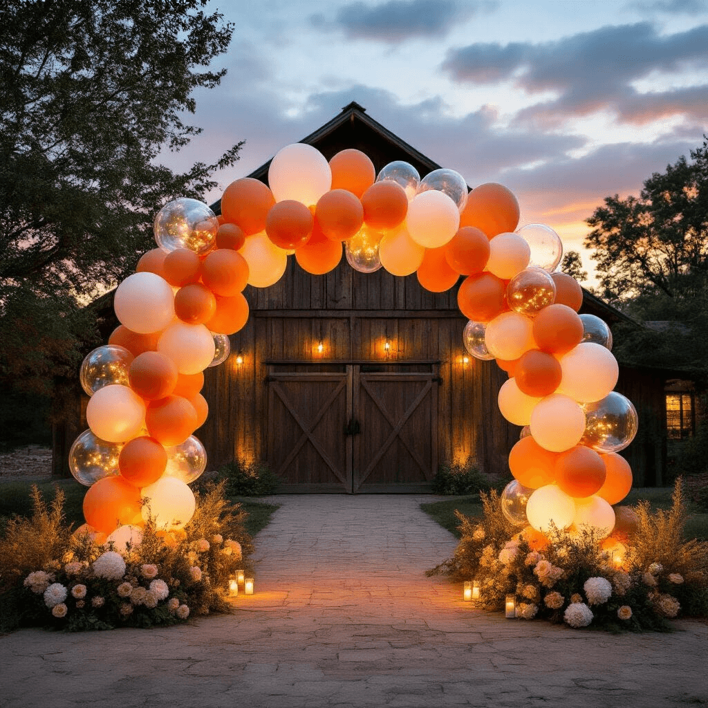 How to Create Stunning Balloon Decorations That Actually Look Professional (Not Like a Kindergarten Party) A stunning outdoor balloon arch installation at sunset, featuring a rustic barn backdrop. The arch showcases terracotta and sage colored balloons in various sizes, with transparent outer balloons revealing white inner balloons. LED fairy lights add a warm glow, complemented by faux floral elements and greenery, all captured in a wide-angle view highlighting the barn's architectural details.